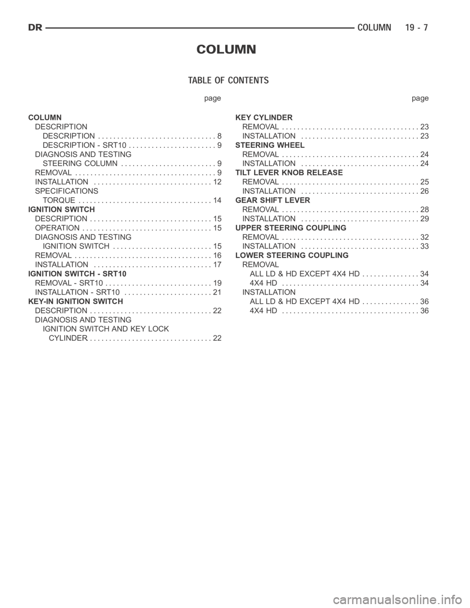 DODGE RAM SRT-10 2006  Service Repair Manual page page
COLUMN
DESCRIPTION
DESCRIPTION ............................... 8
DESCRIPTION - SRT10 ....................... 9
DIAGNOSIS AND TESTING
STEERING COLUMN ......................... 9
REMOVAL .....