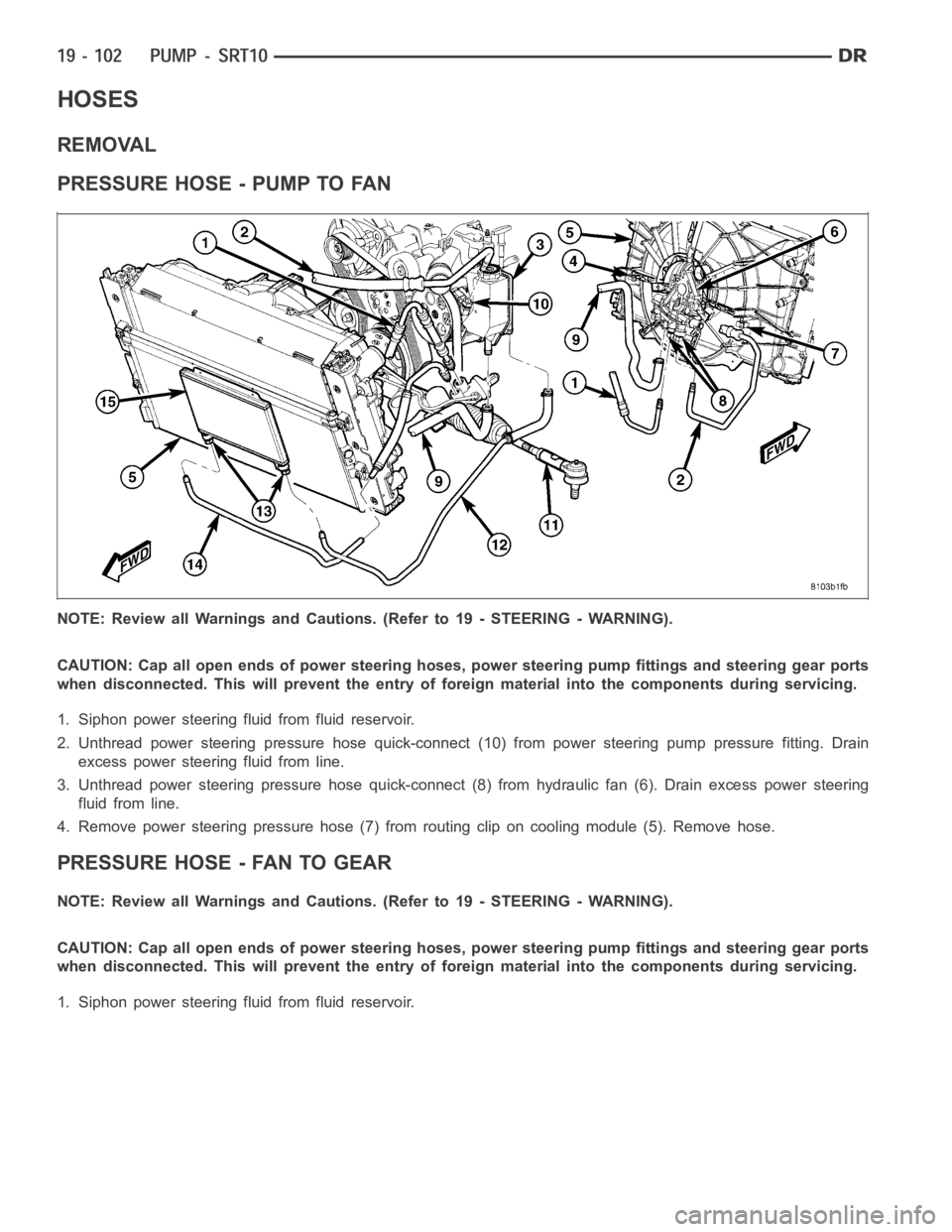 DODGE RAM SRT-10 2006 Service Repair Manual HOSES
REMOVAL
PRESSURE HOSE - PUMP TO FAN
NOTE: Review all Warnings and Cautions. (Refer to 19 - STEERING - WARNING).
CAUTION: Cap all open ends of power steering hoses, power steering pump fittings a DODGE RAM SRT-10 2006 Service Repair Manual HOSES
REMOVAL
PRESSURE HOSE - PUMP TO FAN
NOTE: Review all Warnings and Cautions. (Refer to 19 - STEERING - WARNING).
CAUTION: Cap all open ends of power steering hoses, power steering pump fittings a