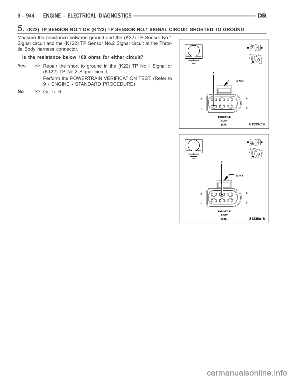 DODGE RAM SRT-10 2006 Service Manual Online 5.(K22) TP SENSOR NO.1 OR (K122) TP SENSOR NO.1 SIGNAL CIRCUIT SHORTED TO GROUND
Measure the resistance between ground and the (K22) TP Sensor No.1
Signal circuit and the (K122) TP Sensor No.2 Signal DODGE RAM SRT-10 2006 Service Manual Online 5.(K22) TP SENSOR NO.1 OR (K122) TP SENSOR NO.1 SIGNAL CIRCUIT SHORTED TO GROUND
Measure the resistance between ground and the (K22) TP Sensor No.1
Signal circuit and the (K122) TP Sensor No.2 Signal