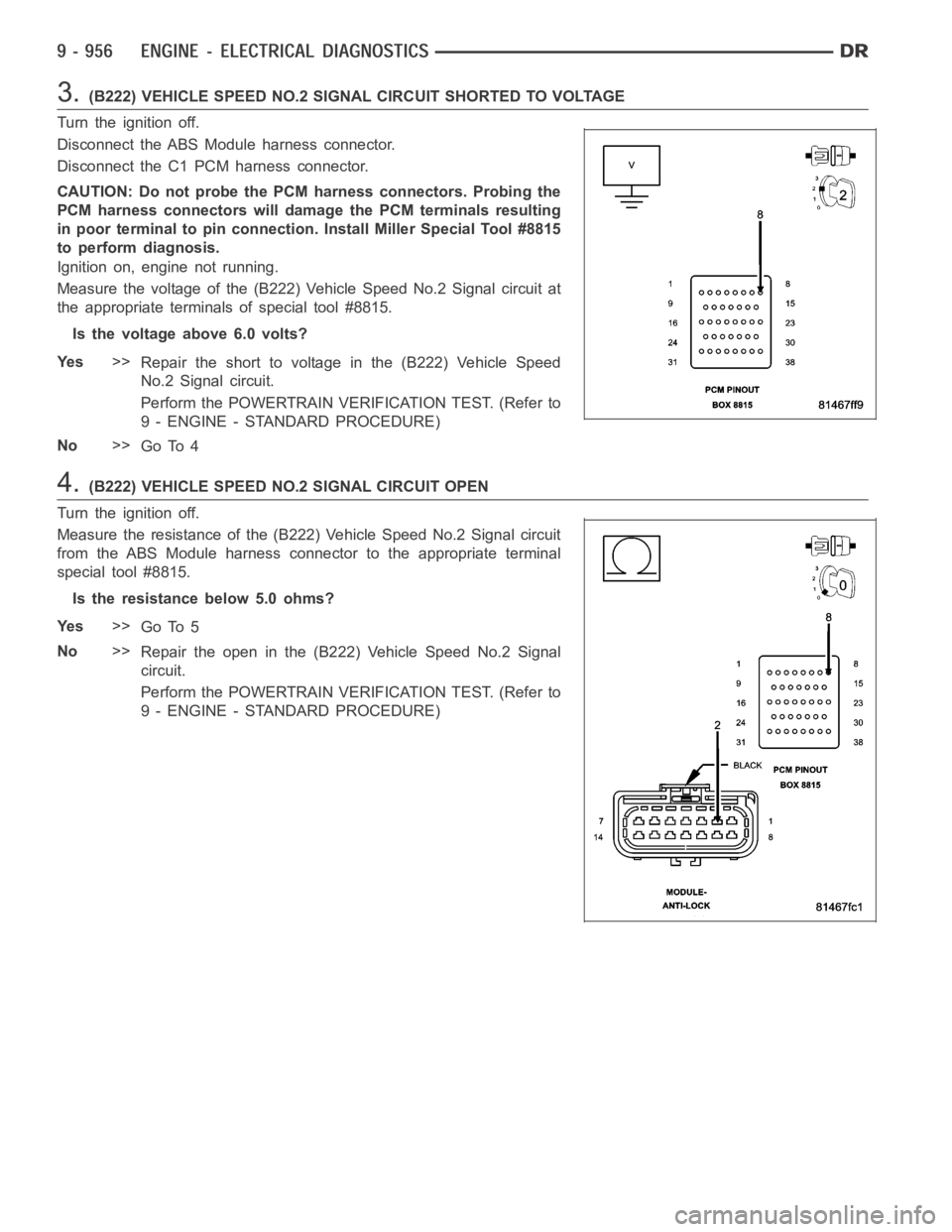 DODGE RAM SRT-10 2006  Service Repair Manual 3.(B222) VEHICLE SPEED NO.2 SIGNAL CIRCUIT SHORTED TO VOLTAGE
Turn the ignition off.
Disconnect the ABS Module harness connector.
Disconnect the C1 PCM harness connector.
CAUTION: Do not probe the PCM