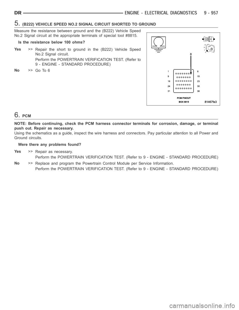 DODGE RAM SRT-10 2006  Service Repair Manual 5.(B222) VEHICLE SPEED NO.2 SIGNAL CIRCUIT SHORTED TO GROUND
Measure the resistance between ground and the (B222) Vehicle Speed
No.2 Signal circuit at the appropriate terminals of special tool #8815.
