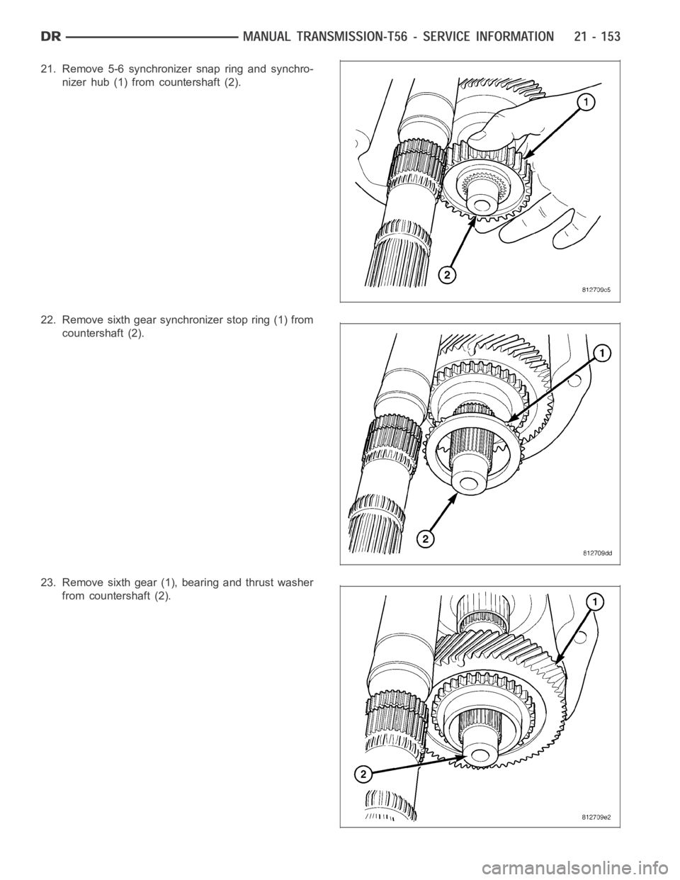 DODGE RAM SRT-10 2006 Service Repair Manual 21. Remove 5-6 synchronizer snap ring and synchro-
nizer hub (1) from countershaft (2).
22. Remove sixth gear synchronizer stop ring (1) from
countershaft (2).
23. Remove sixth gear (1), bearing and t DODGE RAM SRT-10 2006 Service Repair Manual 21. Remove 5-6 synchronizer snap ring and synchro-
nizer hub (1) from countershaft (2).
22. Remove sixth gear synchronizer stop ring (1) from
countershaft (2).
23. Remove sixth gear (1), bearing and t