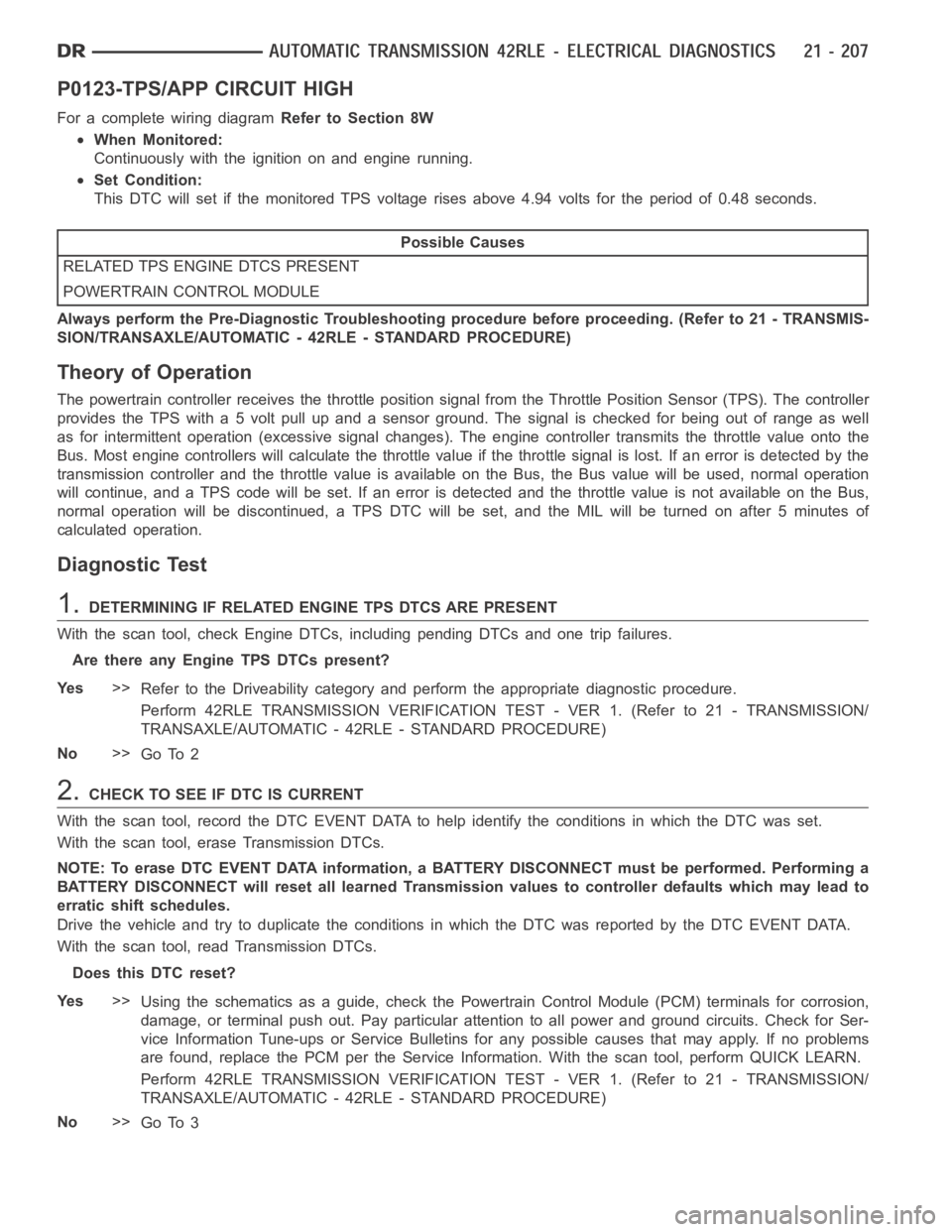 DODGE RAM SRT-10 2006  Service Repair Manual P0123-TPS/APP CIRCUIT HIGH
For a complete wiring diagramRefer to Section 8W
When Monitored:
Continuously with the ignition on and engine running.
Set Condition:
This DTC will set if the monitored TPS 