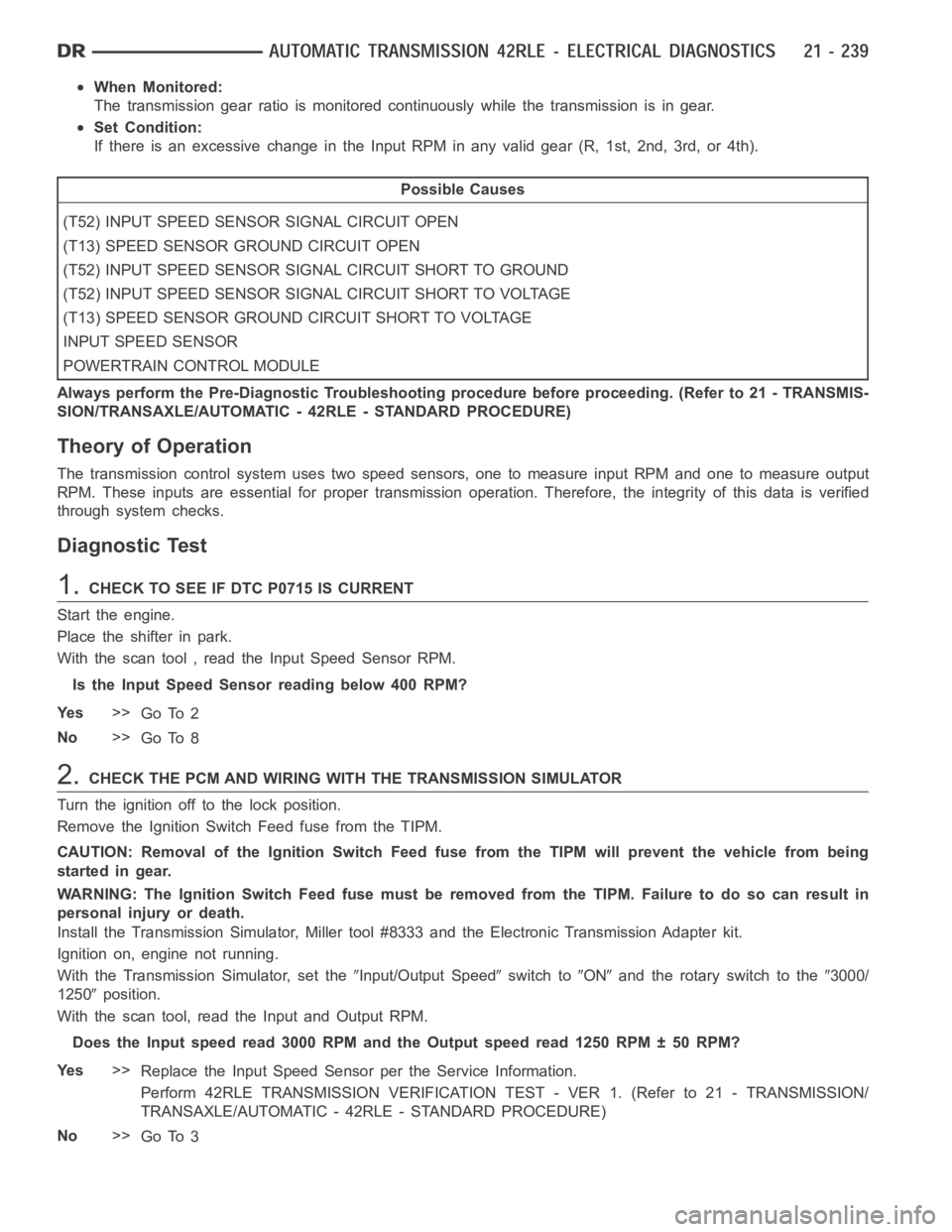 DODGE RAM SRT-10 2006  Service Repair Manual When Monitored:
The transmission gear ratio is monitored continuously while the transmission is in gear.
Set Condition:
If there is an excessive change in the Input RPM in any valid gear (R, 1st, 2nd,