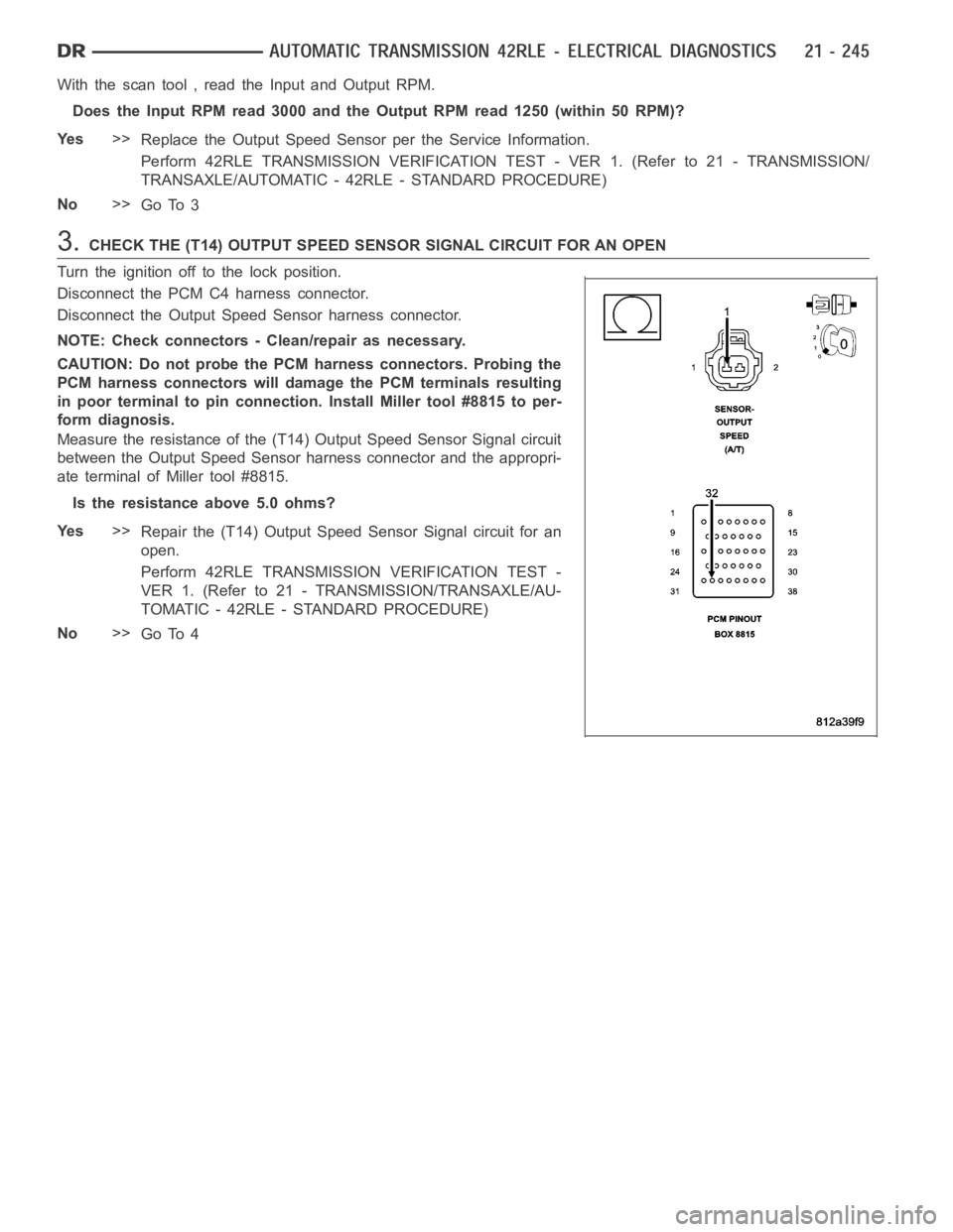 DODGE RAM SRT-10 2006  Service Repair Manual With the scan tool , read the Input and Output RPM.
Does the Input RPM read 3000 and the Output RPM read 1250 (within 50 RPM)?
Ye s>>
Replace the Output Speed Sensor per the Service Information.
Perfo