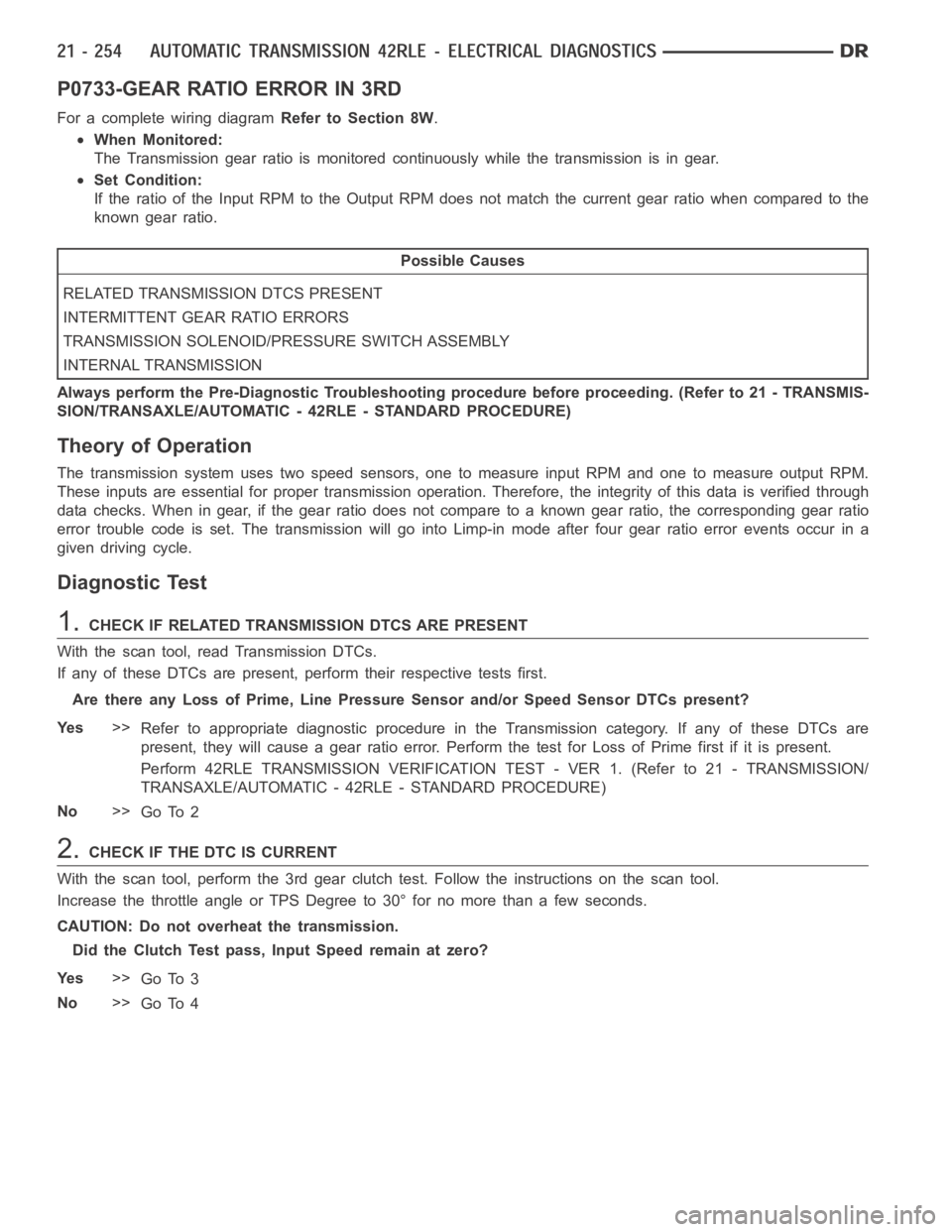 DODGE RAM SRT-10 2006  Service Repair Manual P0733-GEAR RATIO ERROR IN 3RD
For a complete wiring diagramRefer to Section 8W.
When Monitored:
The Transmission gear ratio is monitored continuously while the transmission is in gear.
Set Condition:
