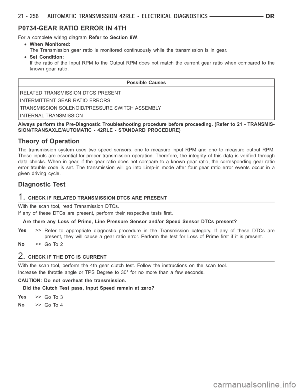 DODGE RAM SRT-10 2006  Service Repair Manual P0734-GEAR RATIO ERROR IN 4TH
For a complete wiring diagramRefer to Section 8W.
When Monitored:
The Transmission gear ratio is monitored continuously while the transmission is in gear.
Set Condition:
