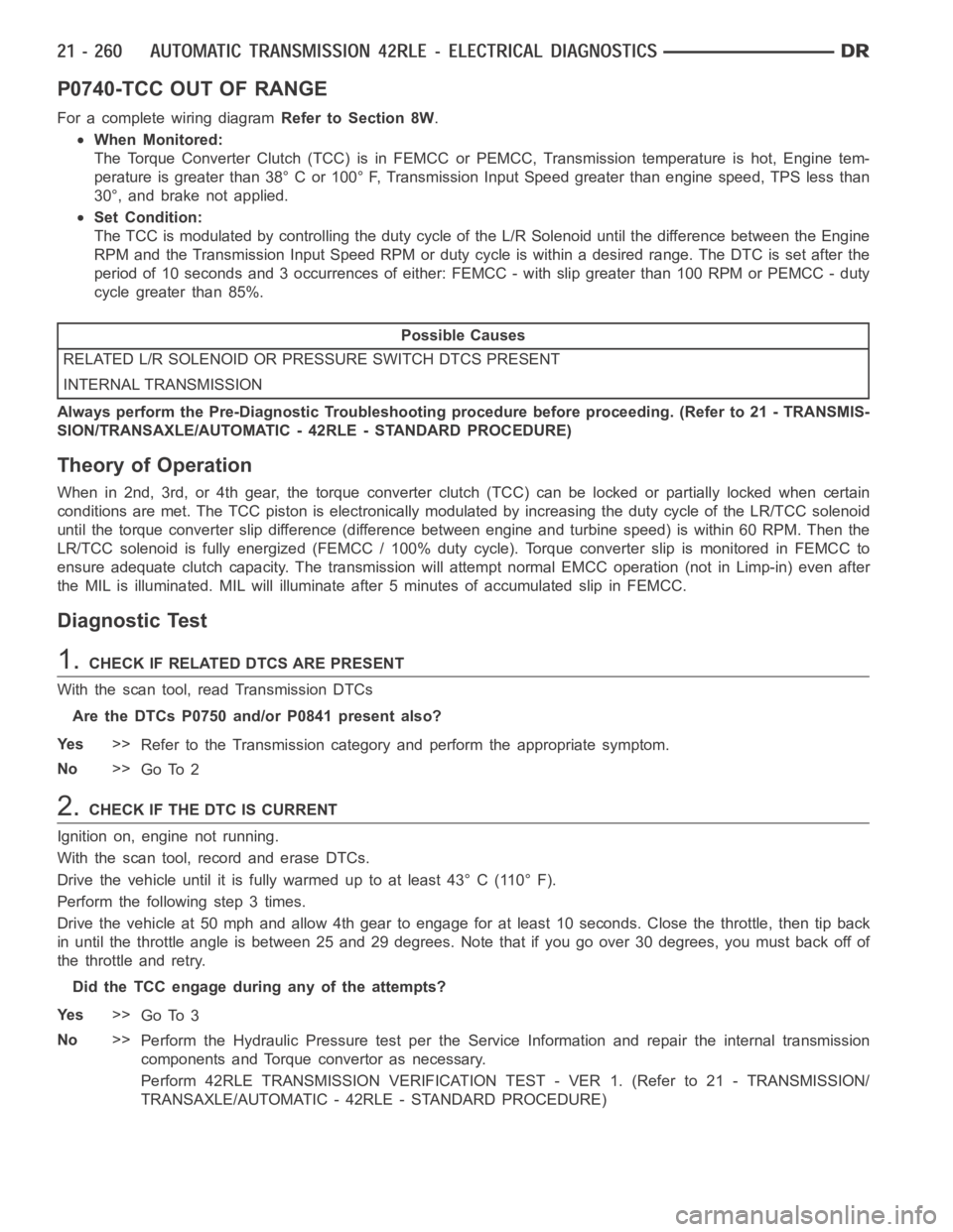 DODGE RAM SRT-10 2006  Service Repair Manual P0740-TCC OUT OF RANGE
For a complete wiring diagramRefer to Section 8W.
When Monitored:
The Torque Converter Clutch (TCC) is in FEMCC or PEMCC, Transmission temperature is hot, Engine tem-
perature i