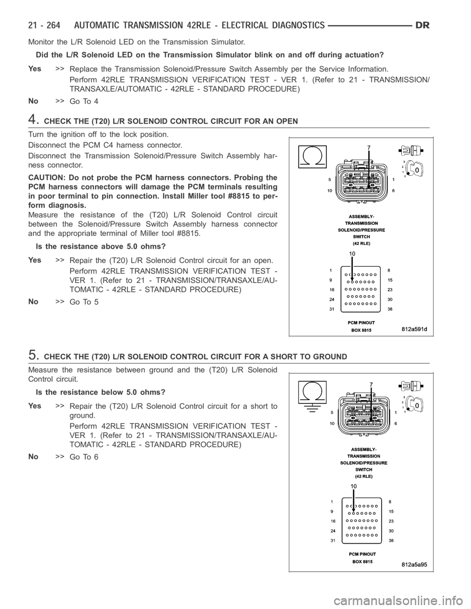 DODGE RAM SRT-10 2006  Service Repair Manual Monitor the L/R Solenoid LED on the Transmission Simulator.
Did the L/R Solenoid LED on the Transmission Simulator blink on and off during actuation?
Ye s>>
Replace the Transmission Solenoid/Pressure 