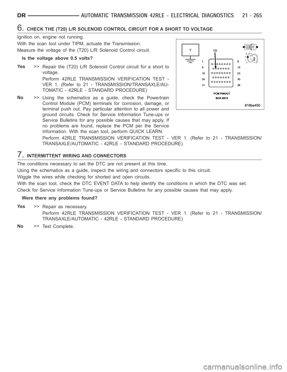 DODGE RAM SRT-10 2006  Service Repair Manual 6.CHECK THE (T20) L/R SOLENOID CONTROL CIRCUIT FOR A SHORT TO VOLTAGE
Ignition on, engine not running.
With the scan tool under TIPM, actuate the Transmission.
Measure the voltage of the (T20) L/R Sol