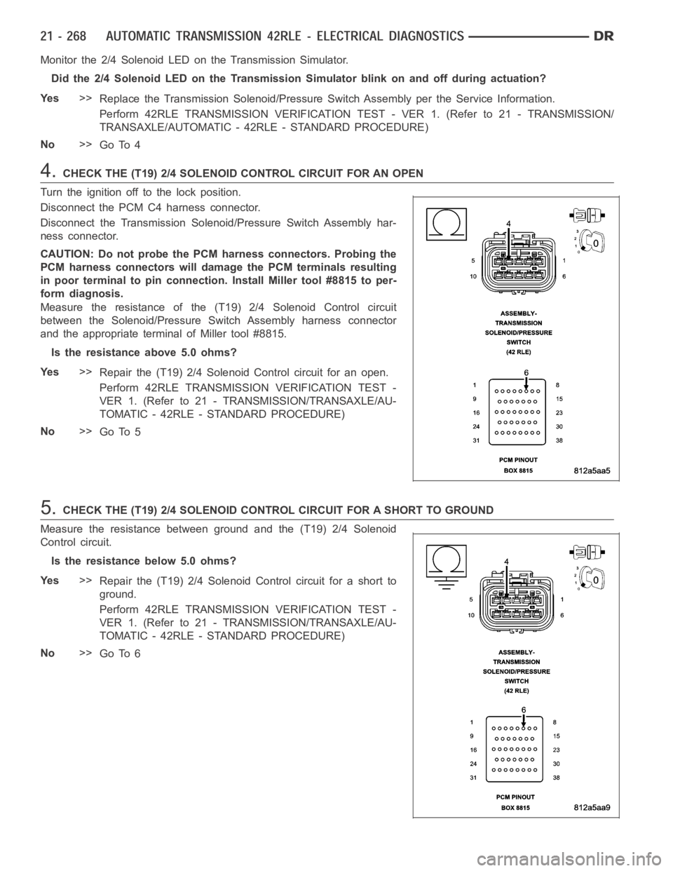 DODGE RAM SRT-10 2006  Service Repair Manual Monitor the 2/4 Solenoid LED on the Transmission Simulator.
Did the 2/4 Solenoid LED on the Transmission Simulator blink on and off during actuation?
Ye s>>
Replace the Transmission Solenoid/Pressure 