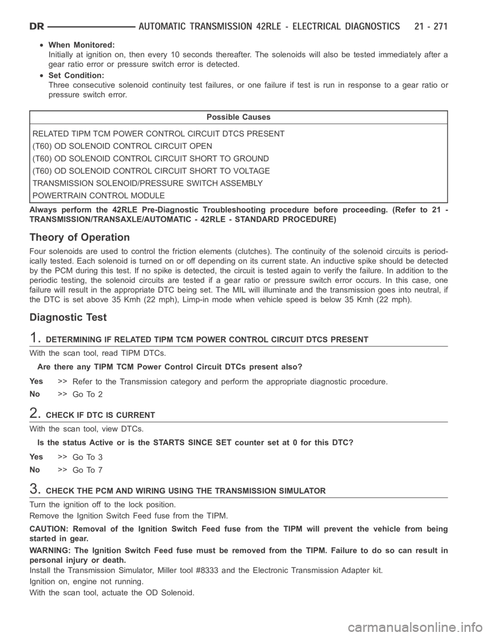 DODGE RAM SRT-10 2006  Service Repair Manual When Monitored:
Initially at ignition on, then every 10 seconds thereafter. The solenoidswill also be tested immediately after a
gear ratio error or pressure switch error is detected.
Set Condition:
T