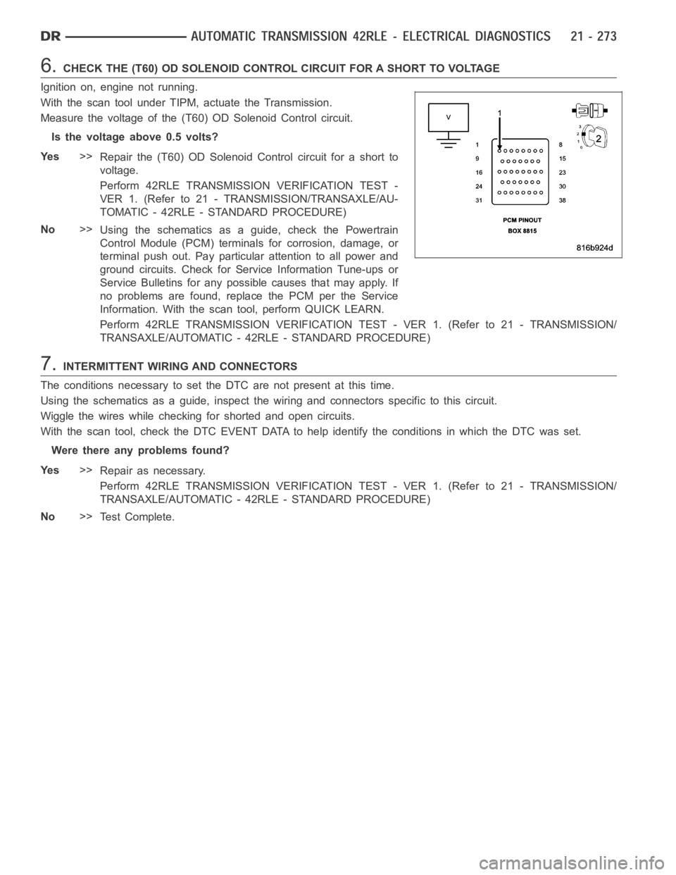 DODGE RAM SRT-10 2006  Service Repair Manual 6.CHECK THE (T60) OD SOLENOID CONTROL CIRCUIT FOR A SHORT TO VOLTAGE
Ignition on, engine not running.
With the scan tool under TIPM, actuate the Transmission.
Measure the voltage of the (T60) OD Solen
