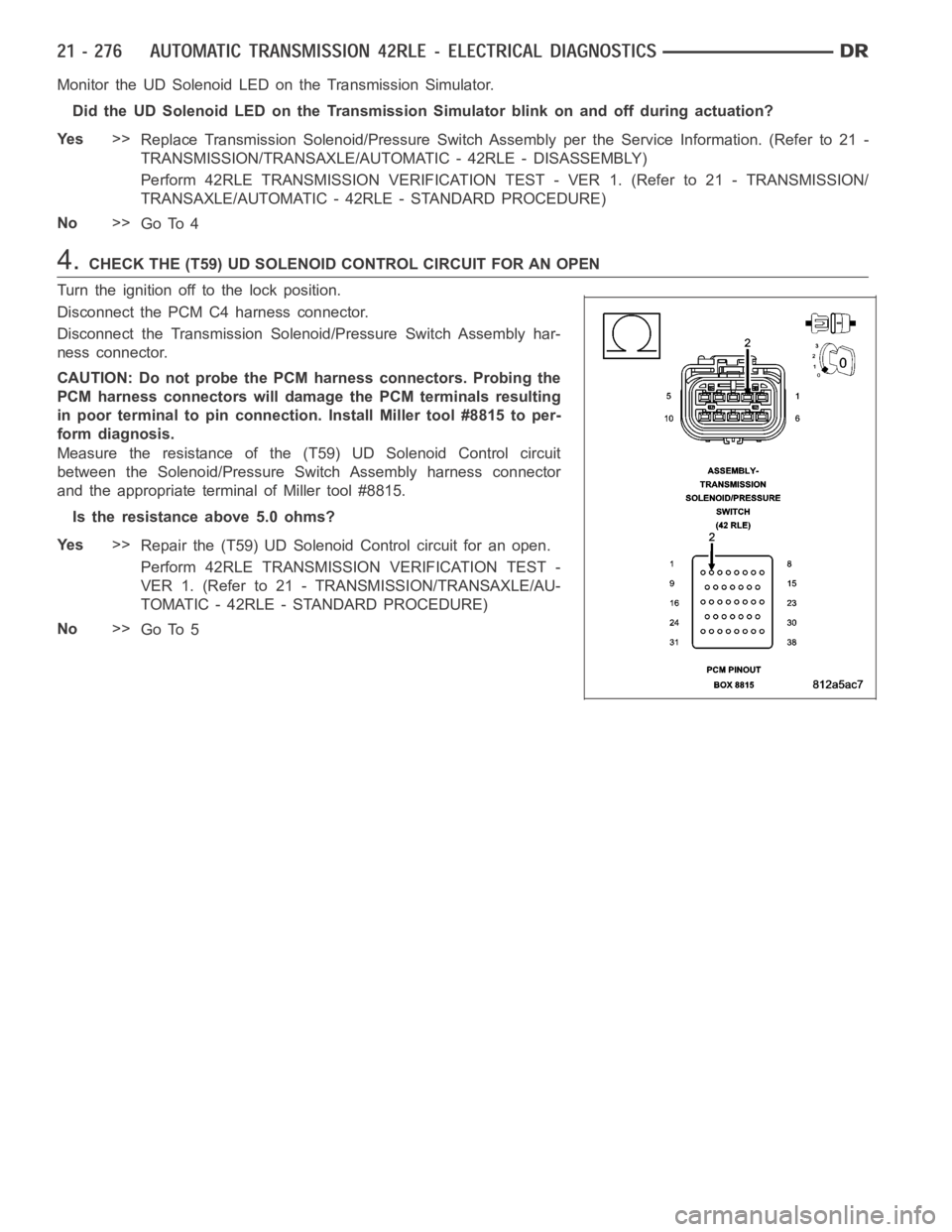 DODGE RAM SRT-10 2006  Service Repair Manual Monitor the UD Solenoid LED on the Transmission Simulator.
Did the UD Solenoid LED on the Transmission Simulator blink on and off during actuation?
Ye s>>
Replace Transmission Solenoid/Pressure Switch