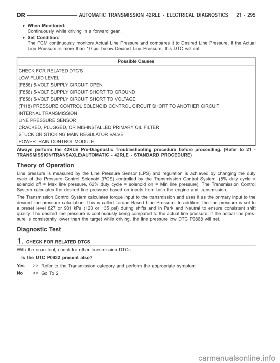 DODGE RAM SRT-10 2006  Service Repair Manual When Monitored:
Continuously while driving in a forward gear.
Set Condition:
The PCM continuously monitors Actual Line Pressure and compares it to DesiredLinePressure.IftheActual
Line Pressure is more