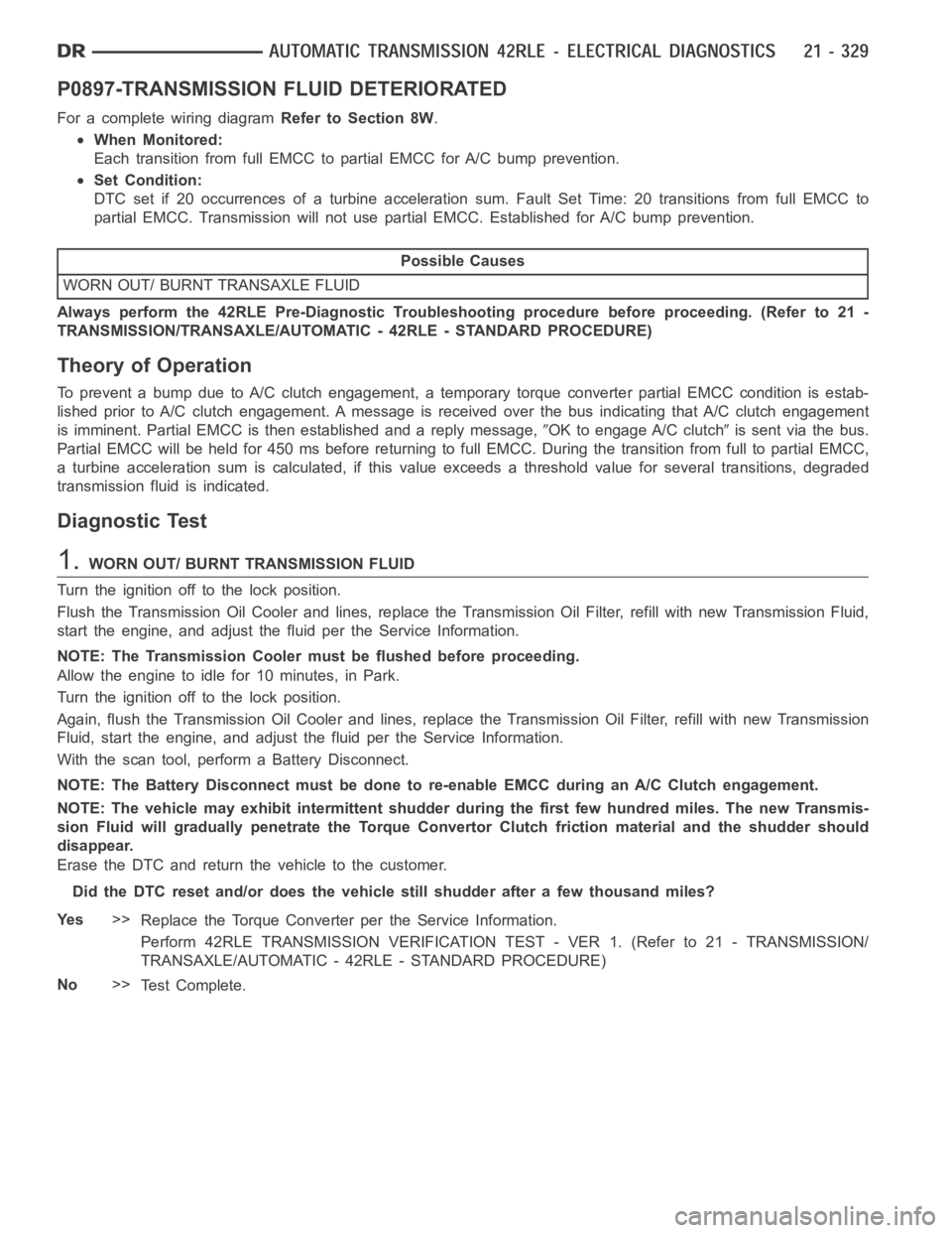 DODGE RAM SRT-10 2006  Service Repair Manual P0897-TRANSMISSION FLUID DETERIORATED
For a complete wiring diagramRefer to Section 8W.
When Monitored:
Each transition from full EMCC to partial EMCC for A/C bump prevention.
Set Condition:
DTC set i