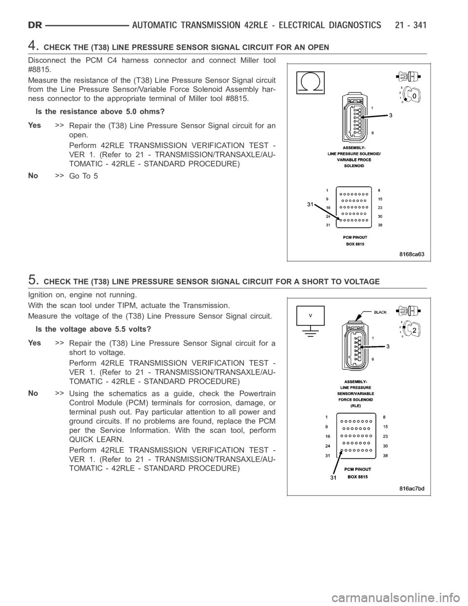 DODGE RAM SRT-10 2006  Service Repair Manual 4.CHECK THE (T38) LINE PRESSURE SENSOR SIGNAL CIRCUIT FOR AN OPEN
Disconnect the PCM C4 harness connector and connect Miller tool
#8815.
Measure the resistance of the (T38) Line Pressure Sensor Signal