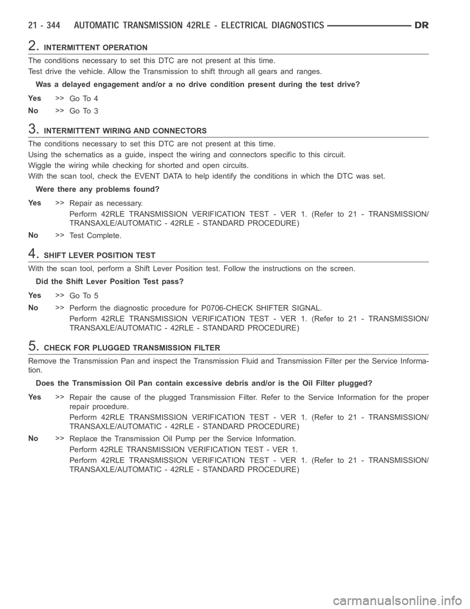 DODGE RAM SRT-10 2006  Service Repair Manual 2.INTERMITTENT OPERATION
The conditions necessary to set this DTC are not present at this time.
Test drive the vehicle. Allow the Transmission to shift through all gears and ranges.
Was a delayed enga