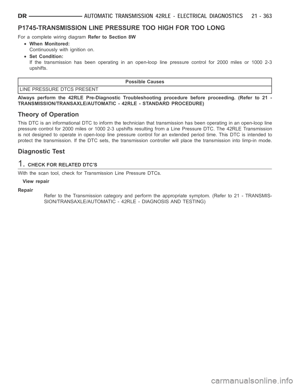 DODGE RAM SRT-10 2006  Service Repair Manual P1745-TRANSMISSION LINE PRESSURE TOO HIGH FOR TOO LONG
For a complete wiring diagramRefer to Section 8W
When Monitored:
Continuously with ignition on.
Set Condition:
If the transmission has been opera
