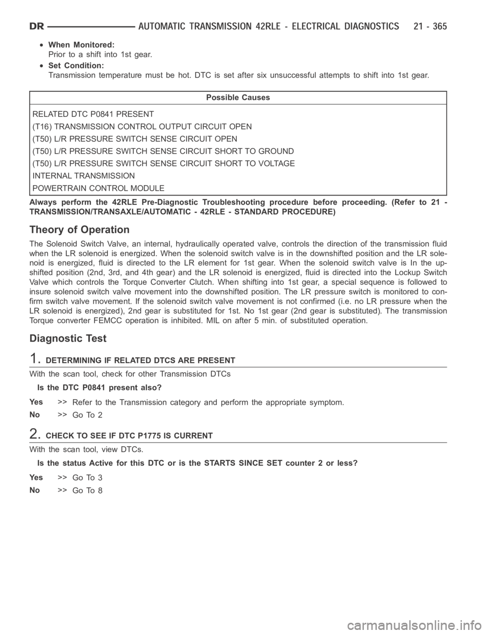 DODGE RAM SRT-10 2006  Service Repair Manual When Monitored:
Prior to a shift into 1st gear.
Set Condition:
Transmission temperature must be hot. DTC is set after six unsuccessful attempts to shift into 1st gear.
Possible Causes
RELATED DTC P084