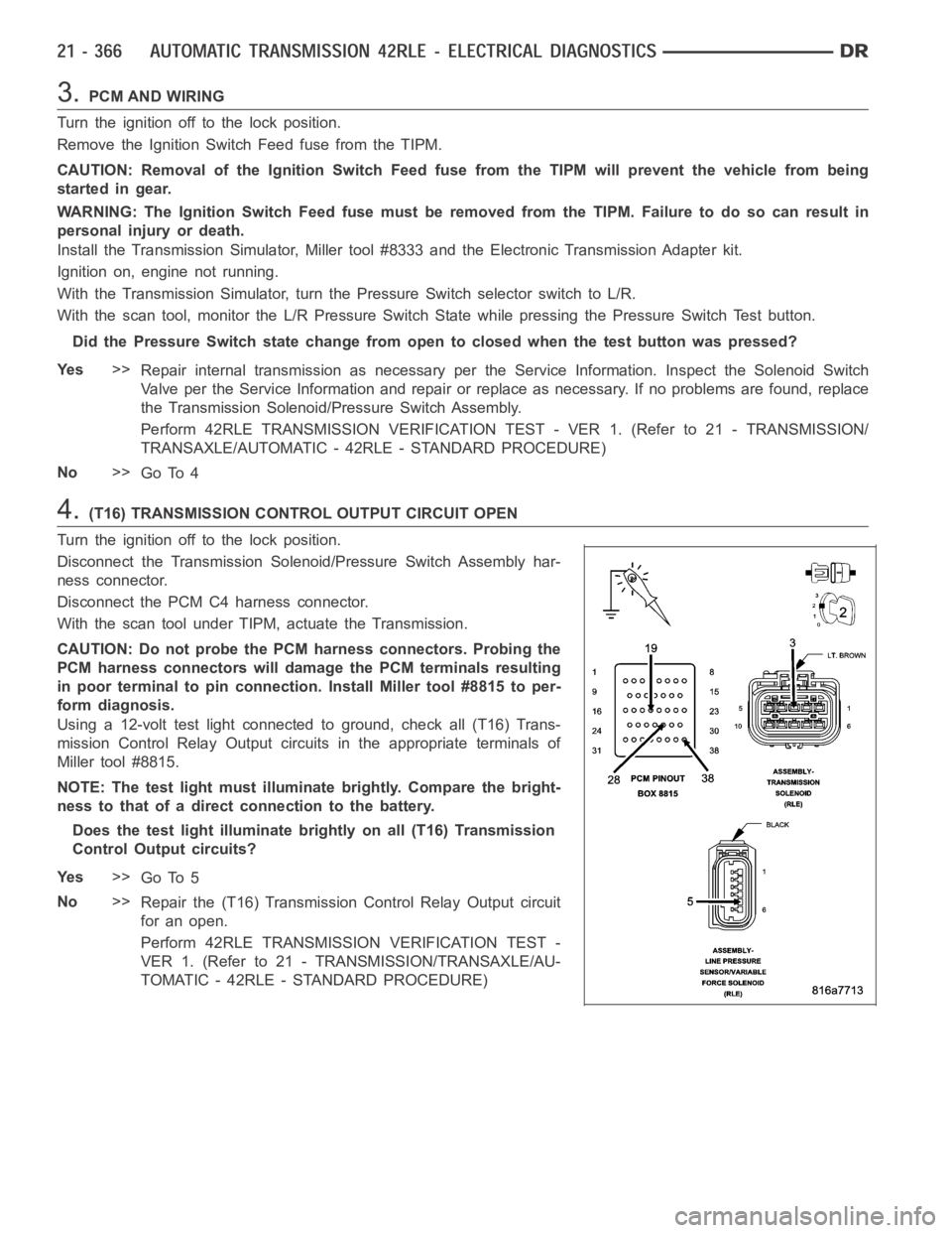 DODGE RAM SRT-10 2006  Service Repair Manual 3.PCM AND WIRING
Turn the ignition off to the lock position.
Remove the Ignition Switch Feed fuse from the TIPM.
CAUTION: Removal of the Ignition Switch Feed fuse from the TIPM will prevent the vehicl