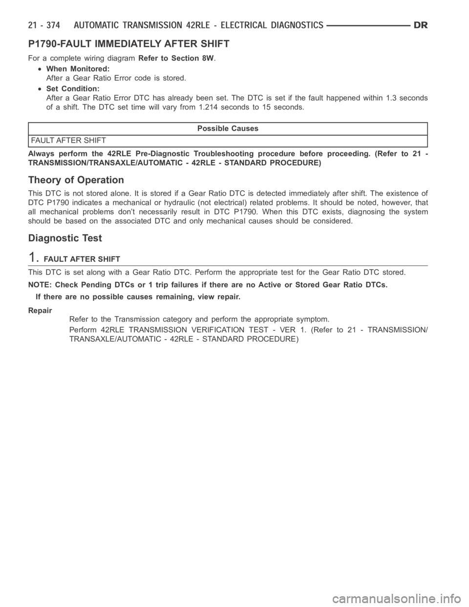 DODGE RAM SRT-10 2006  Service Repair Manual P1790-FAULT IMMEDIATELY AFTER SHIFT
For a complete wiring diagramRefer to Section 8W.
When Monitored:
After a Gear Ratio Error code is stored.
Set Condition:
After a Gear Ratio Error DTC has already b