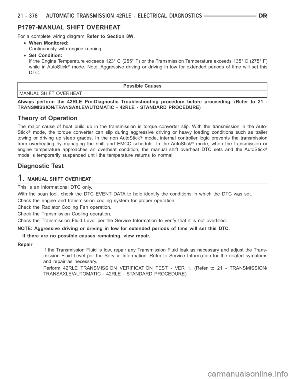 DODGE RAM SRT-10 2006  Service Repair Manual P1797-MANUAL SHIFT OVERHEAT
For a complete wiring diagramRefer to Section 8W.
When Monitored:
Continuously with engine running.
Set Condition:
If the Engine Temperature exceeds 123° C (255° F) or th