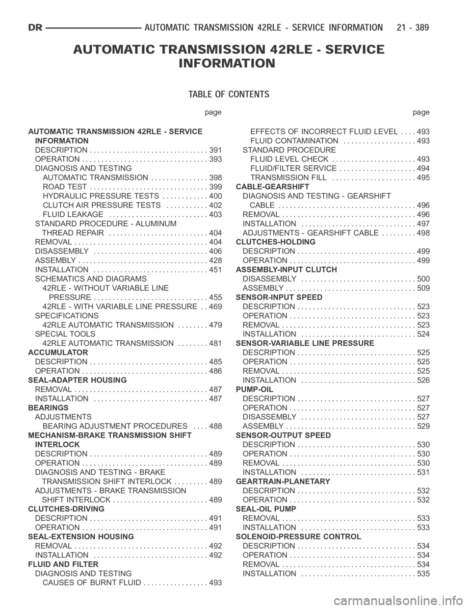DODGE RAM SRT-10 2006 Service Repair Manual page page
AUTOMATIC TRANSMISSION 42RLE - SERVICE
INFORMATION
DESCRIPTION ............................... 391
OPERATION ................................. 393
DIAGNOSIS AND TESTING
AUTOMATIC TRANSMISSIO DODGE RAM SRT-10 2006 Service Repair Manual page page
AUTOMATIC TRANSMISSION 42RLE - SERVICE
INFORMATION
DESCRIPTION ............................... 391
OPERATION ................................. 393
DIAGNOSIS AND TESTING
AUTOMATIC TRANSMISSIO