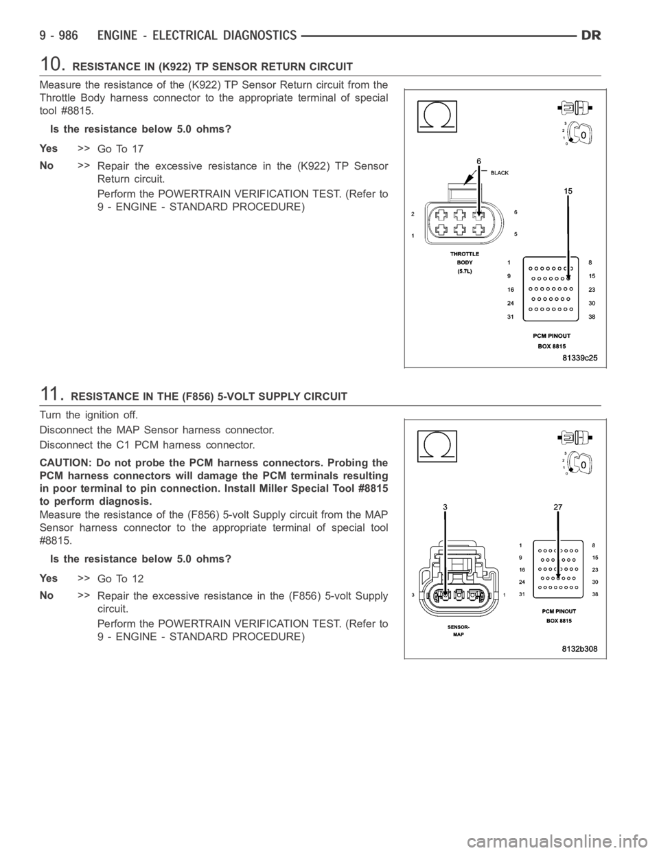 DODGE RAM SRT-10 2006 Service Repair Manual 10.RESISTANCE IN (K922) TP SENSOR RETURN CIRCUIT
Measure the resistance of the (K922) TP Sensor Return circuit from the
Throttle Body harness connector to the appropriate terminal of special
tool #881 DODGE RAM SRT-10 2006 Service Repair Manual 10.RESISTANCE IN (K922) TP SENSOR RETURN CIRCUIT
Measure the resistance of the (K922) TP Sensor Return circuit from the
Throttle Body harness connector to the appropriate terminal of special
tool #881