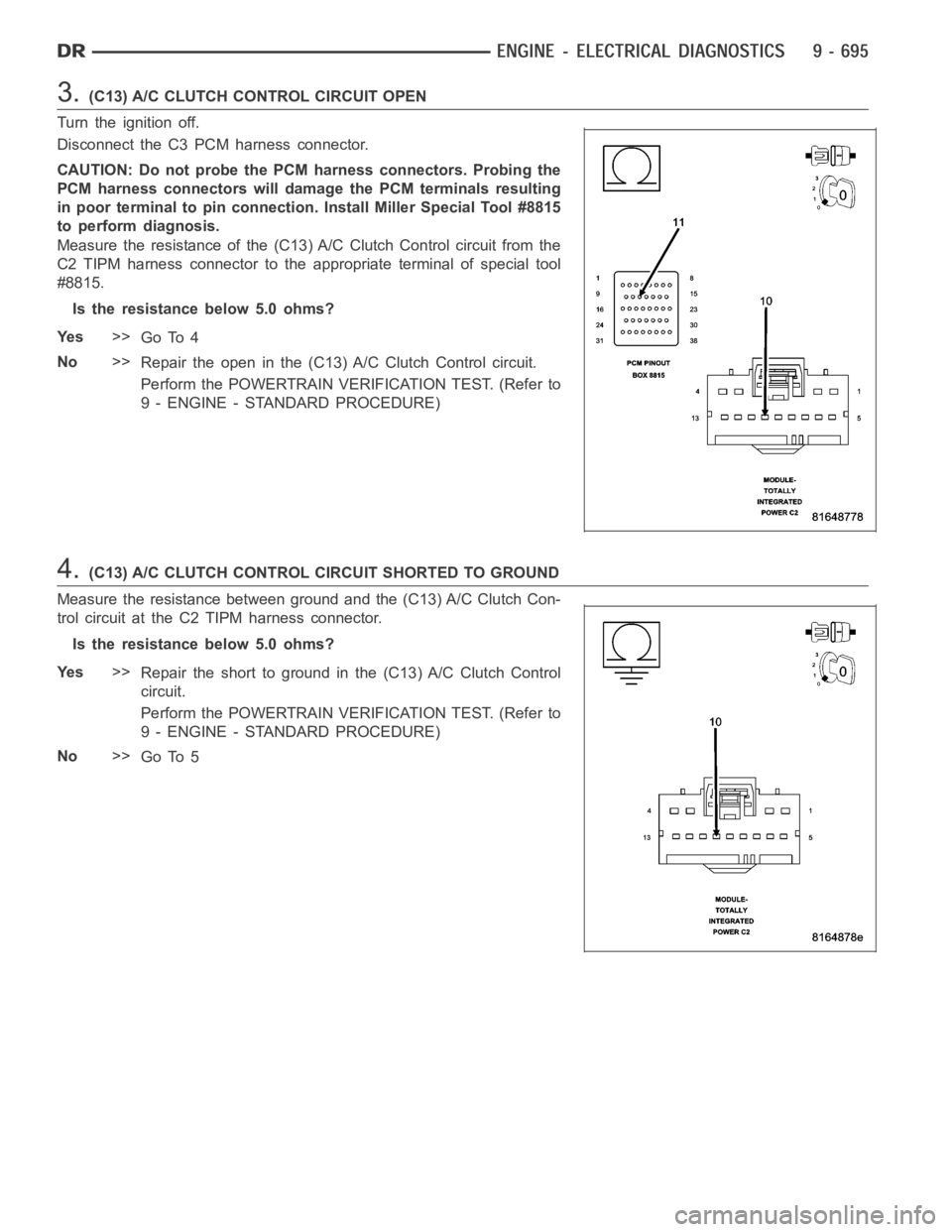 DODGE RAM SRT-10 2006  Service Repair Manual 3.(C13) A/C CLUTCH CONTROL CIRCUIT OPEN
Turn the ignition off.
Disconnect the C3 PCM harness connector.
CAUTION: Do not probe the PCM harness connectors. Probing the
PCM harness connectors will damage