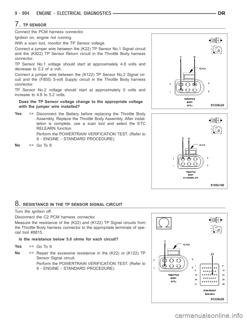 DODGE RAM SRT-10 2006 Service Repair Manual 7.TP SENSOR
Connect the PCM harness connector.
Ignition on, engine not running.
With a scan tool, monitor the TP Sensor voltage.
Connect a jumper wire between the (K22) TP Sensor No.1 Signal circuit
a DODGE RAM SRT-10 2006 Service Repair Manual 7.TP SENSOR
Connect the PCM harness connector.
Ignition on, engine not running.
With a scan tool, monitor the TP Sensor voltage.
Connect a jumper wire between the (K22) TP Sensor No.1 Signal circuit
a