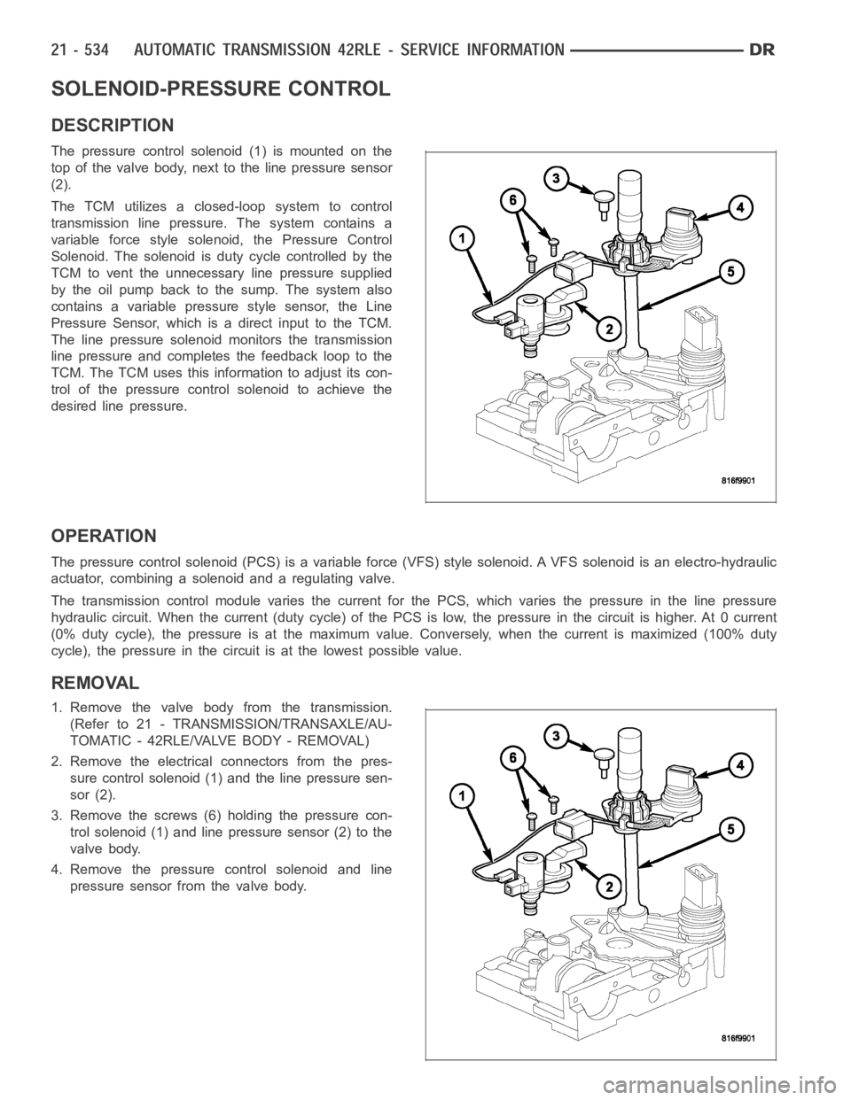 DODGE RAM SRT-10 2006 Service Repair Manual SOLENOID-PRESSURE CONTROL
DESCRIPTION
Thepressurecontrolsolenoid(1)ismountedonthe
top of the valve body, next to the line pressure sensor
(2).
The TCM utilizes a closed-loop system to control
transmis DODGE RAM SRT-10 2006 Service Repair Manual SOLENOID-PRESSURE CONTROL
DESCRIPTION
Thepressurecontrolsolenoid(1)ismountedonthe
top of the valve body, next to the line pressure sensor
(2).
The TCM utilizes a closed-loop system to control
transmis