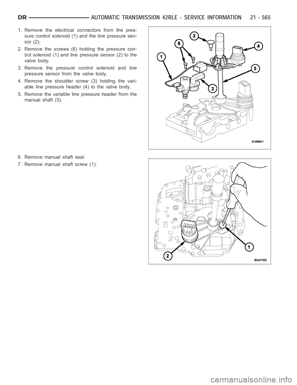 DODGE RAM SRT-10 2006  Service Repair Manual 1. Remove the electrical connectors from the pres-
sure control solenoid (1) and the line pressure sen-
sor (2).
2. Remove the screws (6) holding the pressure con-
trol solenoid (1) and line pressure 