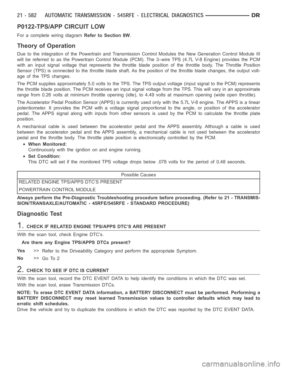 DODGE RAM SRT-10 2006  Service Repair Manual P0122-TPS/APP CIRCUIT LOW
For a complete wiring diagramRefer to Section 8W.
Theory of Operation
Due to the integration of the Powertrain and Transmission Control Modulesthe New Generation Control Modu