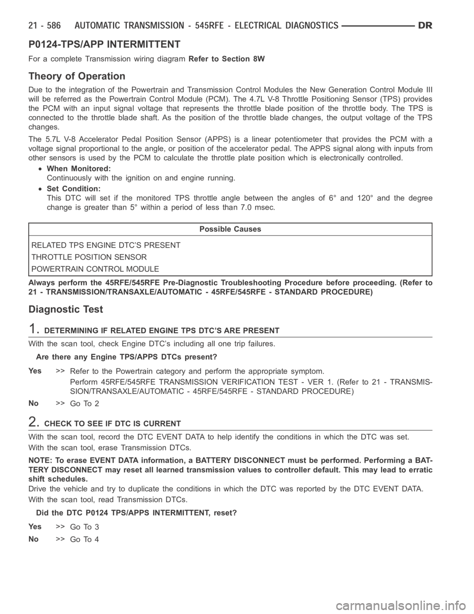 DODGE RAM SRT-10 2006  Service Repair Manual P0124-TPS/APP INTERMITTENT
For a complete Transmission wiring diagramRefer to Section 8W
Theory of Operation
Due to the integration of the Powertrain and Transmission Control Modulesthe New Generation