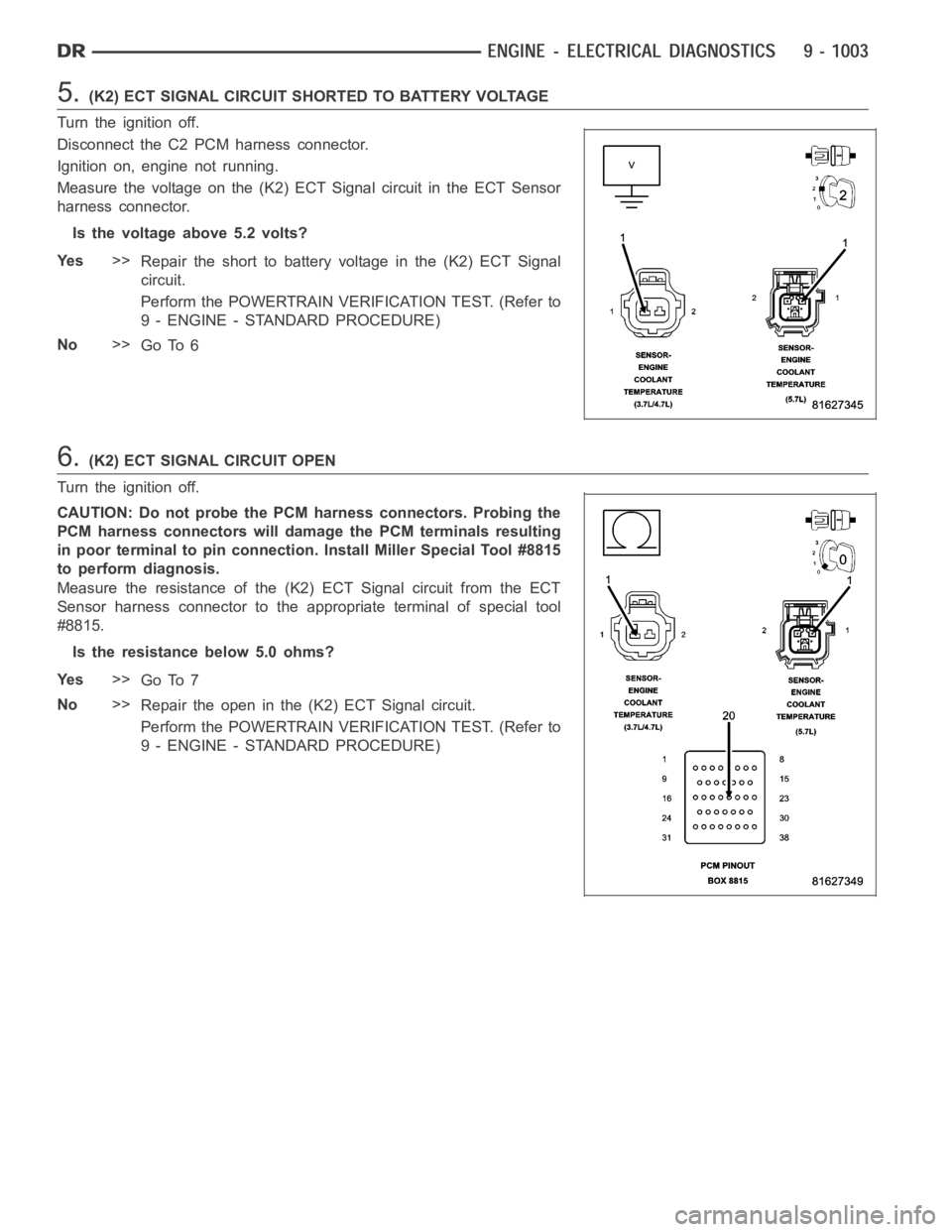 DODGE RAM SRT-10 2006 Service Repair Manual 5.(K2) ECT SIGNAL CIRCUIT SHORTED TO BATTERY VOLTAGE
Turn the ignition off.
Disconnect the C2 PCM harness connector.
Ignition on, engine not running.
Measure the voltage on the (K2) ECT Signal circuit DODGE RAM SRT-10 2006 Service Repair Manual 5.(K2) ECT SIGNAL CIRCUIT SHORTED TO BATTERY VOLTAGE
Turn the ignition off.
Disconnect the C2 PCM harness connector.
Ignition on, engine not running.
Measure the voltage on the (K2) ECT Signal circuit