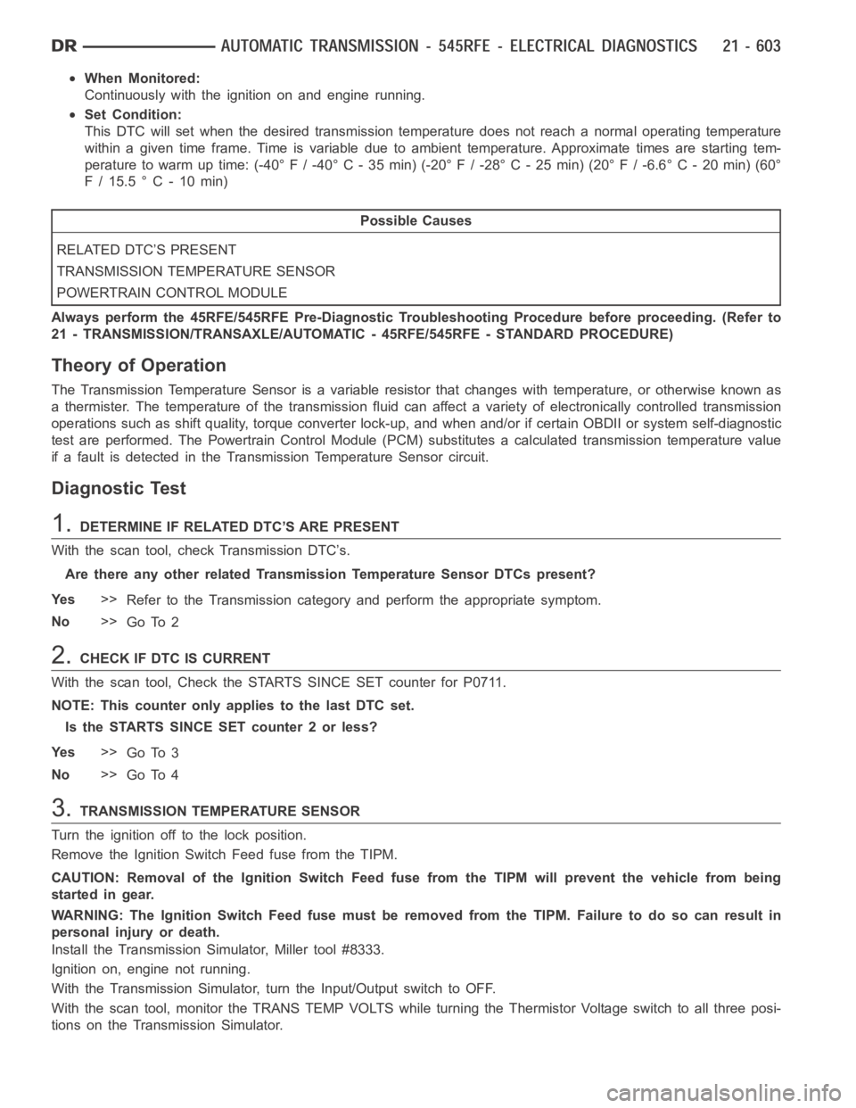 DODGE RAM SRT-10 2006  Service Repair Manual When Monitored:
Continuously with the ignition on and engine running.
Set Condition:
This DTC will set when the desired transmission temperature does not reacha normal operating temperature
within a g
