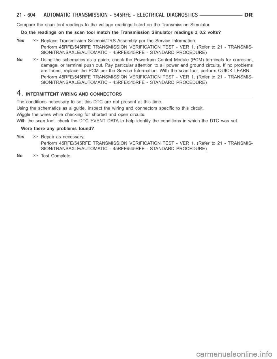DODGE RAM SRT-10 2006  Service Repair Manual Compare the scan tool readings to the voltage readings listed on the Transmission Simulator.
Do the readings on the scan tool match the Transmission Simulator readings± 0.2 volts?
Ye s>>
Replace Tran