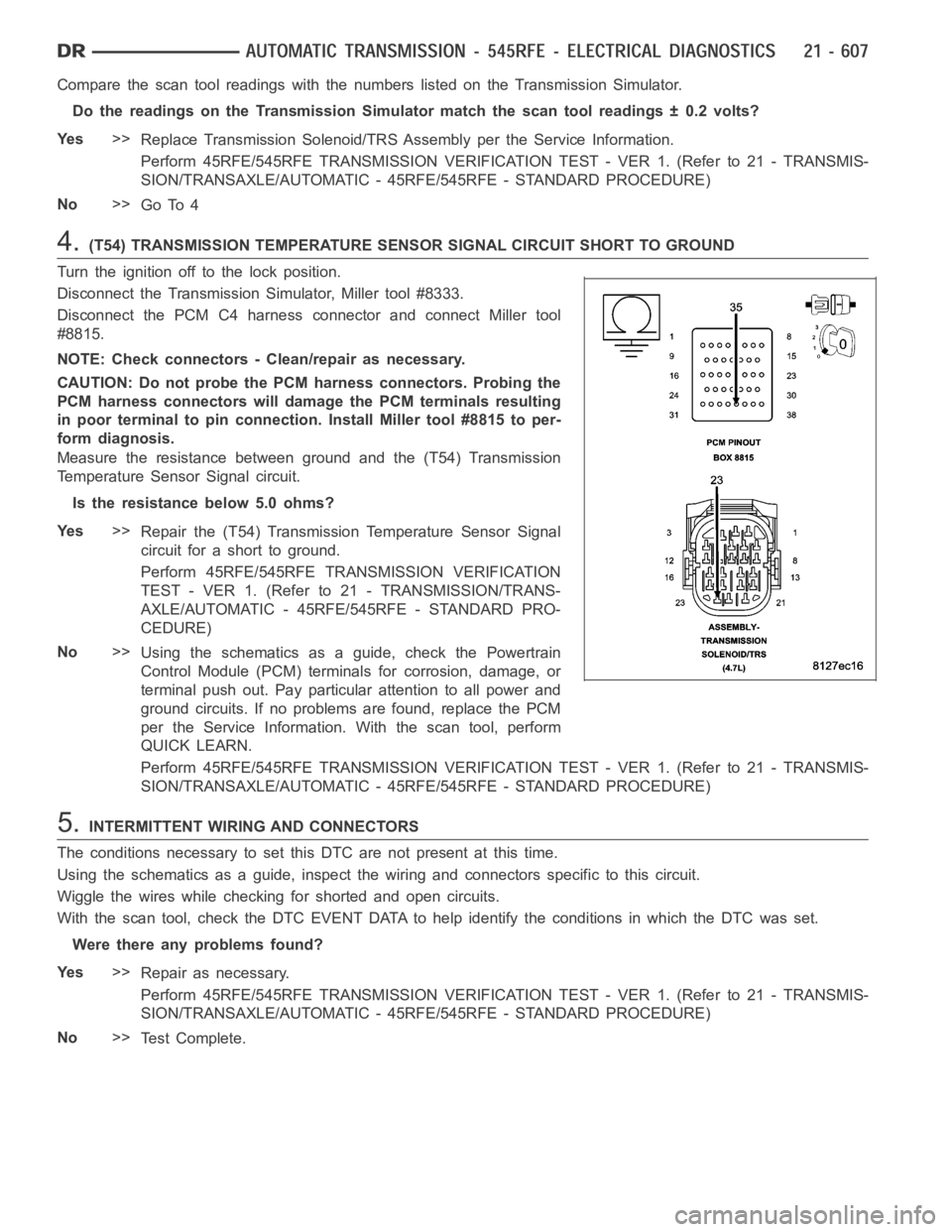 DODGE RAM SRT-10 2006  Service Repair Manual Compare the scan tool readings with the numbers listed on the TransmissionSimulator.
Do the readings on the Transmission Simulator match the scan tool readings± 0.2 volts?
Ye s>>
Replace Transmission