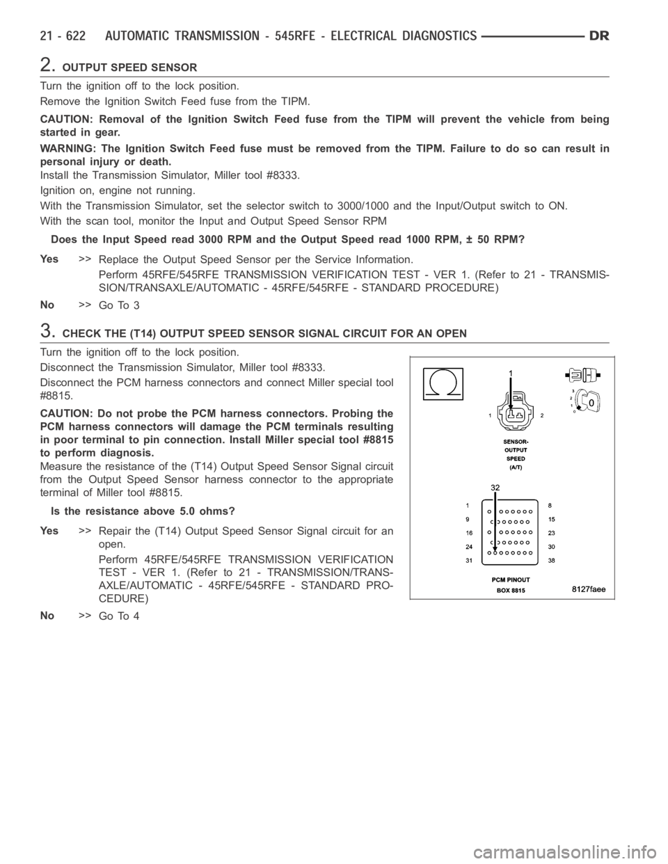 DODGE RAM SRT-10 2006 Service Repair Manual 2.OUTPUT SPEED SENSOR
Turn the ignition off to the lock position.
Remove the Ignition Switch Feed fuse from the TIPM.
CAUTION: Removal of the Ignition Switch Feed fuse from the TIPM will prevent the v DODGE RAM SRT-10 2006 Service Repair Manual 2.OUTPUT SPEED SENSOR
Turn the ignition off to the lock position.
Remove the Ignition Switch Feed fuse from the TIPM.
CAUTION: Removal of the Ignition Switch Feed fuse from the TIPM will prevent the v