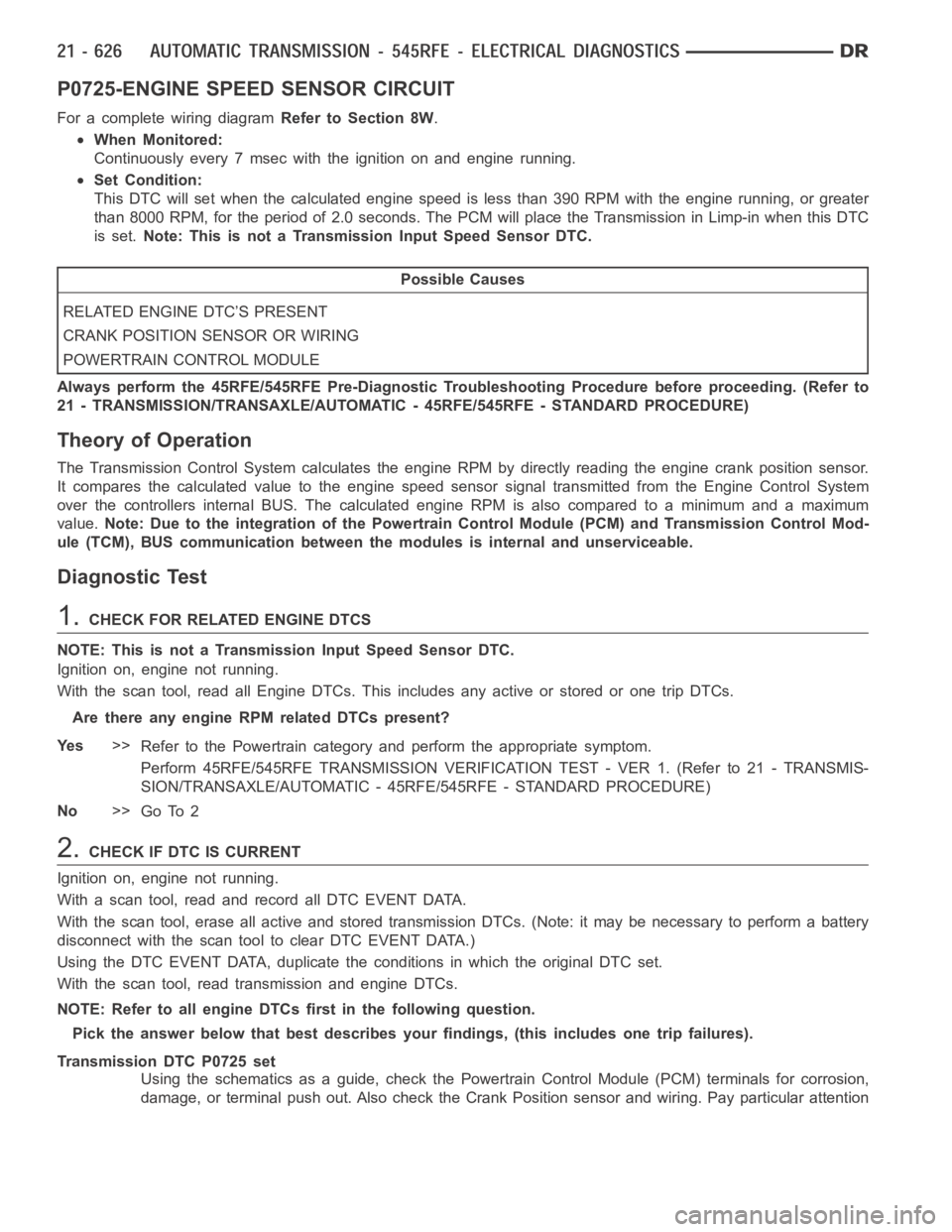 DODGE RAM SRT-10 2006 Service Repair Manual P0725-ENGINE SPEED SENSOR CIRCUIT
For a complete wiring diagramRefer to Section 8W.
When Monitored:
Continuously every 7 msec with the ignition on and engine running.
Set Condition:
This DTC will set DODGE RAM SRT-10 2006 Service Repair Manual P0725-ENGINE SPEED SENSOR CIRCUIT
For a complete wiring diagramRefer to Section 8W.
When Monitored:
Continuously every 7 msec with the ignition on and engine running.
Set Condition:
This DTC will set