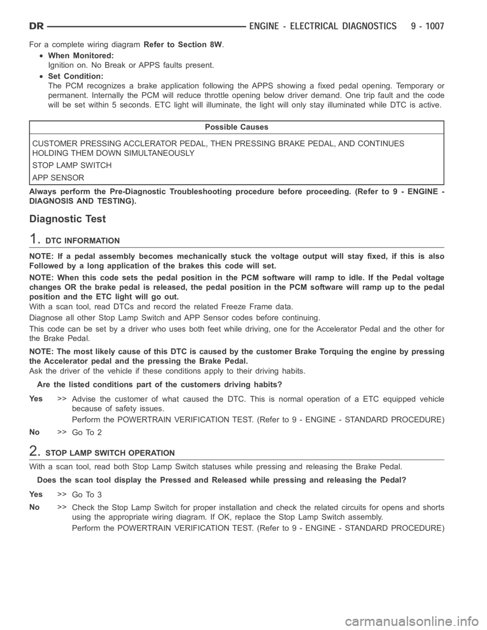 DODGE RAM SRT-10 2006  Service Repair Manual For a complete wiring diagramRefer to Section 8W.
When Monitored:
Ignition on. No Break or APPS faults present.
Set Condition:
The PCM recognizes a brake application following the APPS showing a fixed