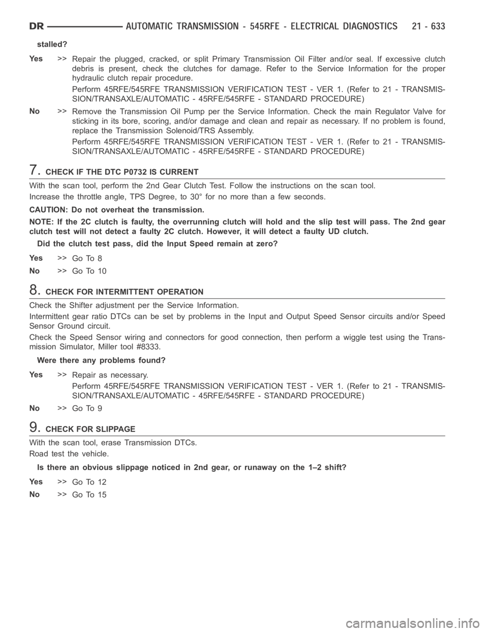DODGE RAM SRT-10 2006 Service Repair Manual stalled?
Ye s>>
Repair the plugged, cracked, or split Primary Transmission Oil Filter and/or seal. If excessive clutch
debris is present, check the clutches for damage. Refer to the Service Informatio DODGE RAM SRT-10 2006 Service Repair Manual stalled?
Ye s>>
Repair the plugged, cracked, or split Primary Transmission Oil Filter and/or seal. If excessive clutch
debris is present, check the clutches for damage. Refer to the Service Informatio