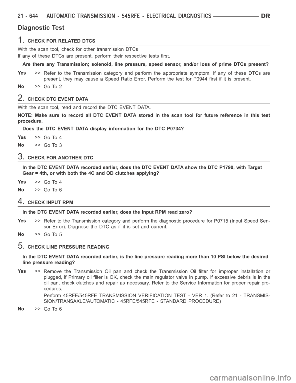 DODGE RAM SRT-10 2006 Service Repair Manual Diagnostic Test
1.CHECKFORRELATEDDTCS
With the scan tool, check for other transmission DTCs
If any of these DTCs are present, perform their respective tests first.
Are there any Transmission; solenoid DODGE RAM SRT-10 2006 Service Repair Manual Diagnostic Test
1.CHECKFORRELATEDDTCS
With the scan tool, check for other transmission DTCs
If any of these DTCs are present, perform their respective tests first.
Are there any Transmission; solenoid