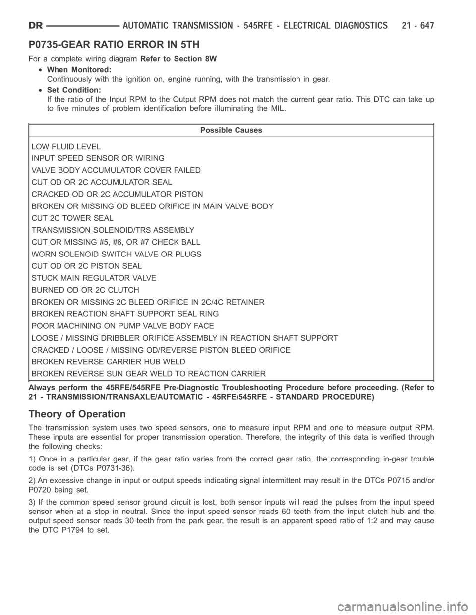 DODGE RAM SRT-10 2006 Service Repair Manual P0735-GEAR RATIO ERROR IN 5TH
For a complete wiring diagramRefer to Section 8W
When Monitored:
Continuously with the ignition on, engine running, with the transmissionin gear.
Set Condition:
If the ra DODGE RAM SRT-10 2006 Service Repair Manual P0735-GEAR RATIO ERROR IN 5TH
For a complete wiring diagramRefer to Section 8W
When Monitored:
Continuously with the ignition on, engine running, with the transmissionin gear.
Set Condition:
If the ra