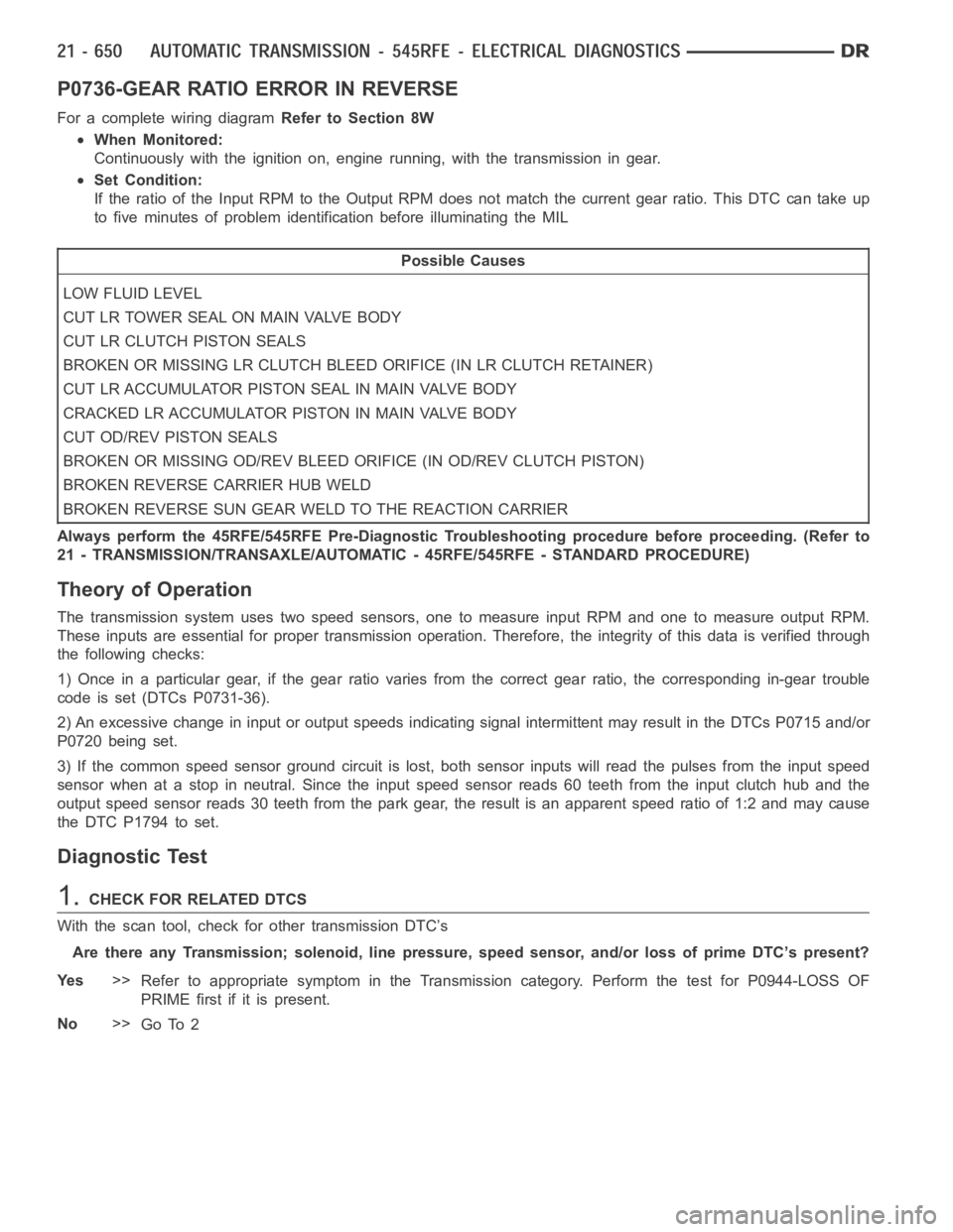 DODGE RAM SRT-10 2006 Service Repair Manual P0736-GEAR RATIO ERROR IN REVERSE
For a complete wiring diagramRefer to Section 8W
When Monitored:
Continuously with the ignition on, engine running, with the transmissionin gear.
Set Condition:
If th DODGE RAM SRT-10 2006 Service Repair Manual P0736-GEAR RATIO ERROR IN REVERSE
For a complete wiring diagramRefer to Section 8W
When Monitored:
Continuously with the ignition on, engine running, with the transmissionin gear.
Set Condition:
If th