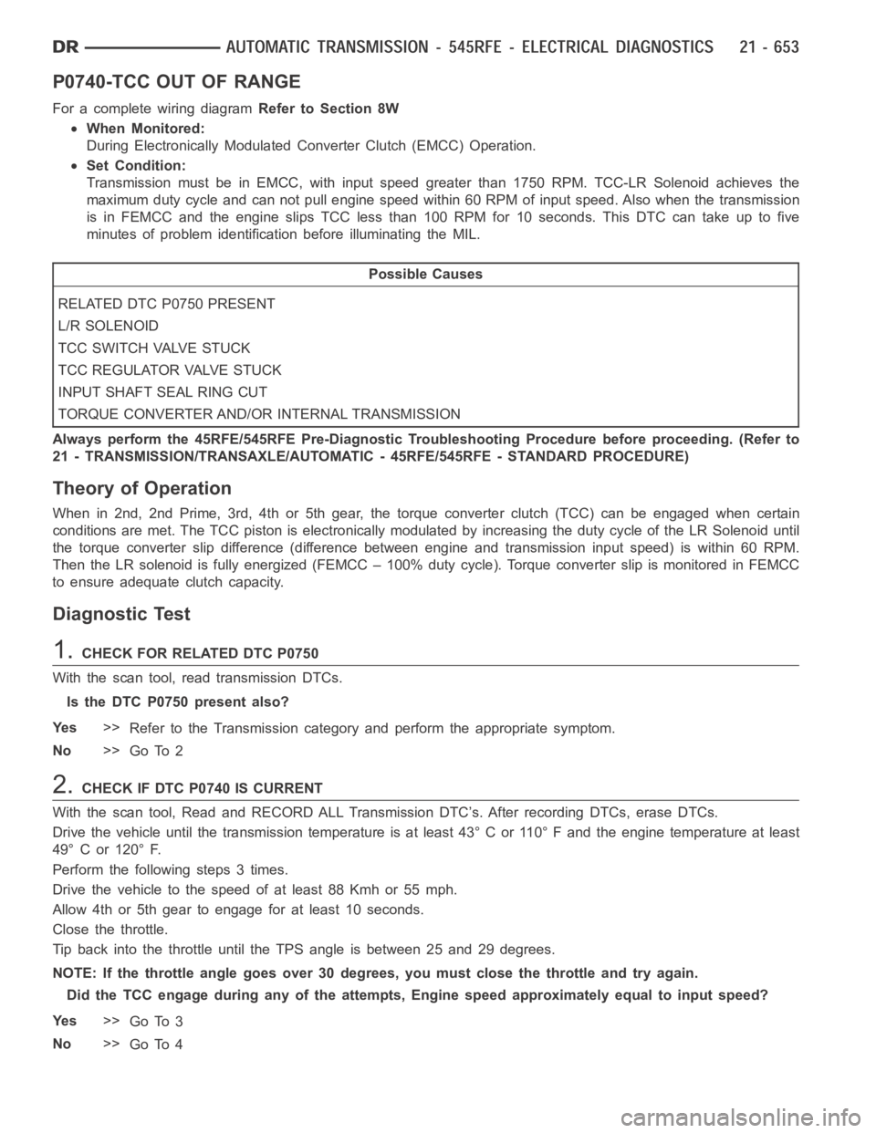 DODGE RAM SRT-10 2006 Service Repair Manual P0740-TCC OUT OF RANGE
For a complete wiring diagramRefer to Section 8W
When Monitored:
During Electronically Modulated Converter Clutch (EMCC) Operation.
Set Condition:
Transmission must be in EMCC, DODGE RAM SRT-10 2006 Service Repair Manual P0740-TCC OUT OF RANGE
For a complete wiring diagramRefer to Section 8W
When Monitored:
During Electronically Modulated Converter Clutch (EMCC) Operation.
Set Condition:
Transmission must be in EMCC,