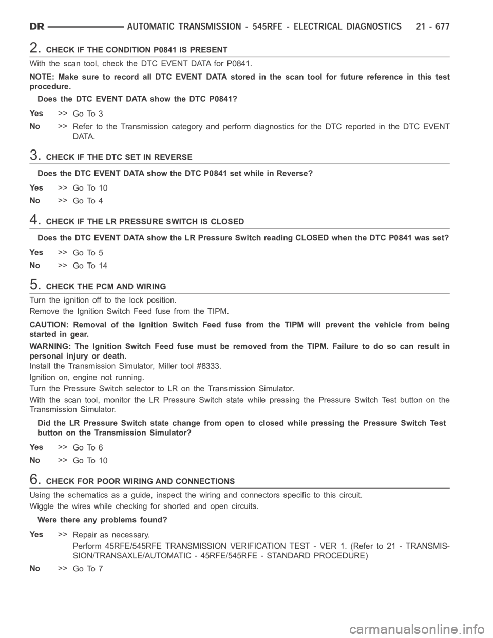 DODGE RAM SRT-10 2006  Service Repair Manual 2.CHECK IF THE CONDITION P0841 IS PRESENT
With the scan tool, check the DTC EVENT DATA for P0841.
NOTE: Make sure to record all DTC EVENT DATA stored in the scan tool for future reference in this test