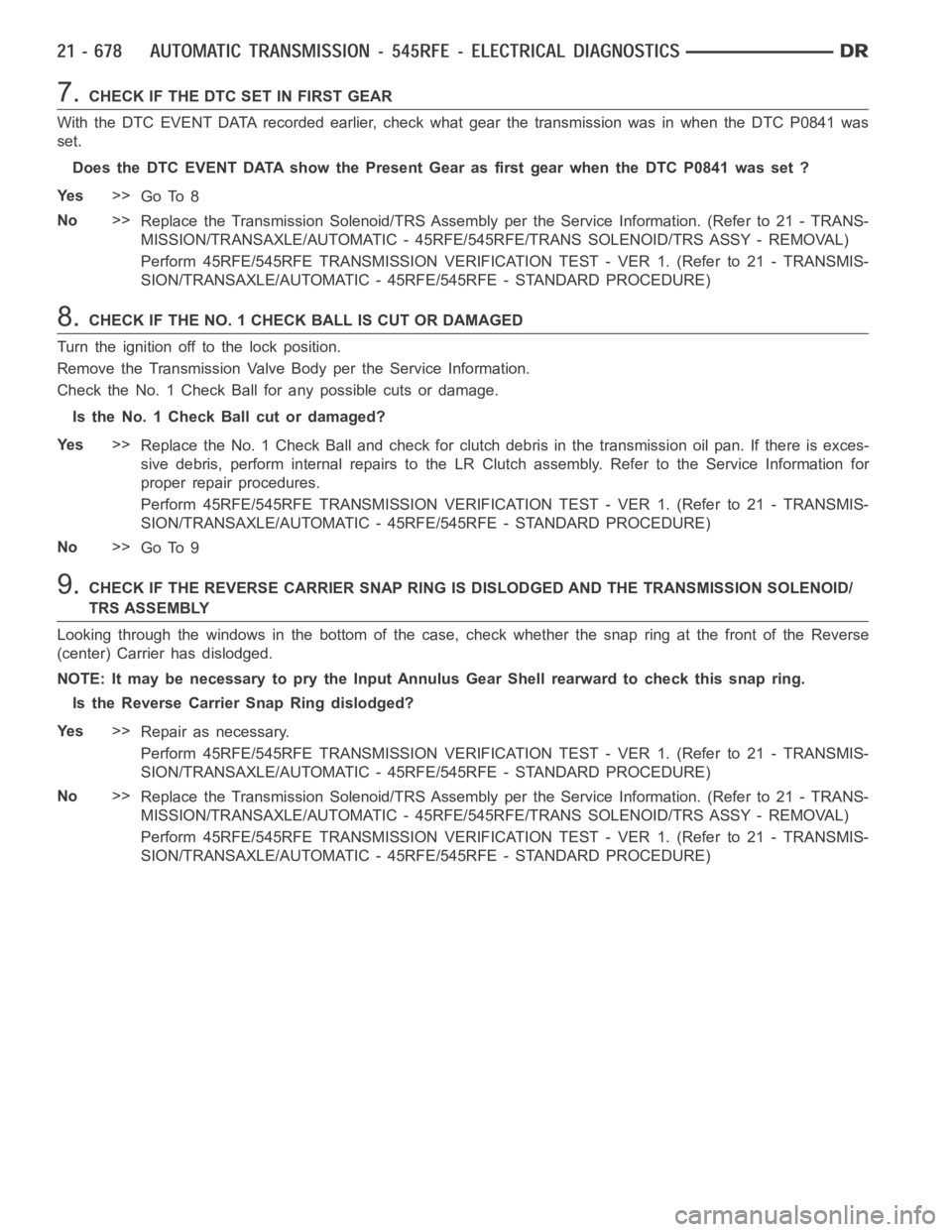 DODGE RAM SRT-10 2006  Service Repair Manual 7.CHECKIFTHEDTCSETINFIRSTGEAR
With the DTC EVENT DATA recorded earlier, check what gear the transmissionwas in when the DTC P0841 was
set.
Does the DTC EVENT DATA show the Present Gear as first gear w