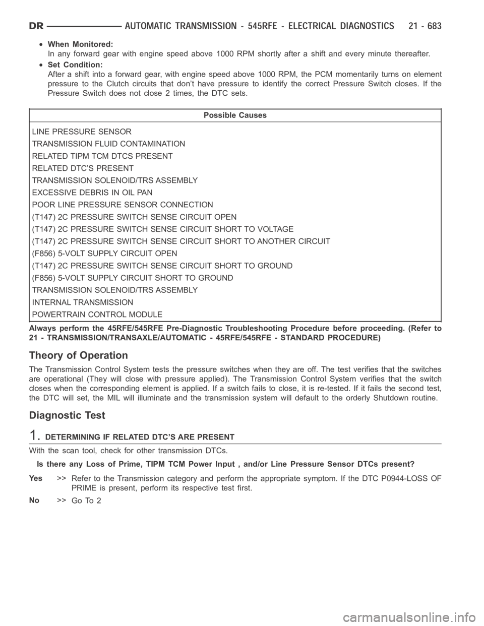 DODGE RAM SRT-10 2006  Service Repair Manual When Monitored:
In any forward gear with engine speed above 1000 RPM shortly after a shift and every minute thereafter.
Set Condition:
After a shift into a forward gear, with engine speed above 1000 R
